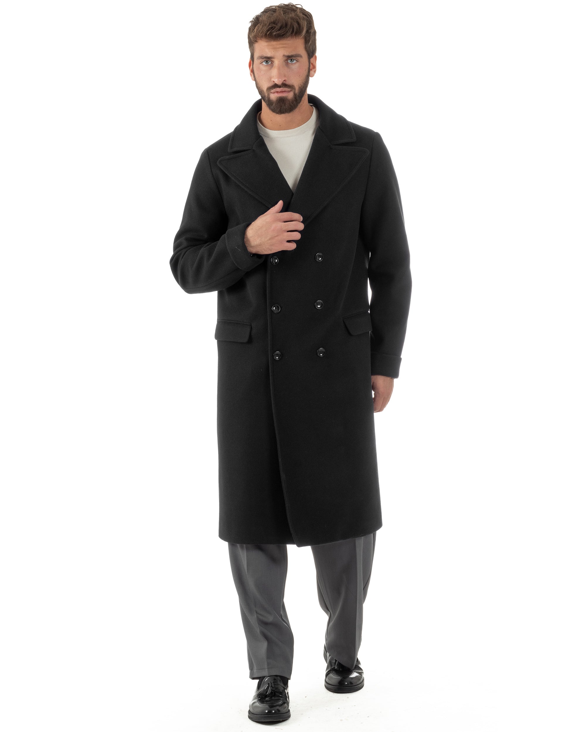Cappotto Doppiopetto Uomo Oversize Giaccone Lungo Revers Ampi Nero CO1094A