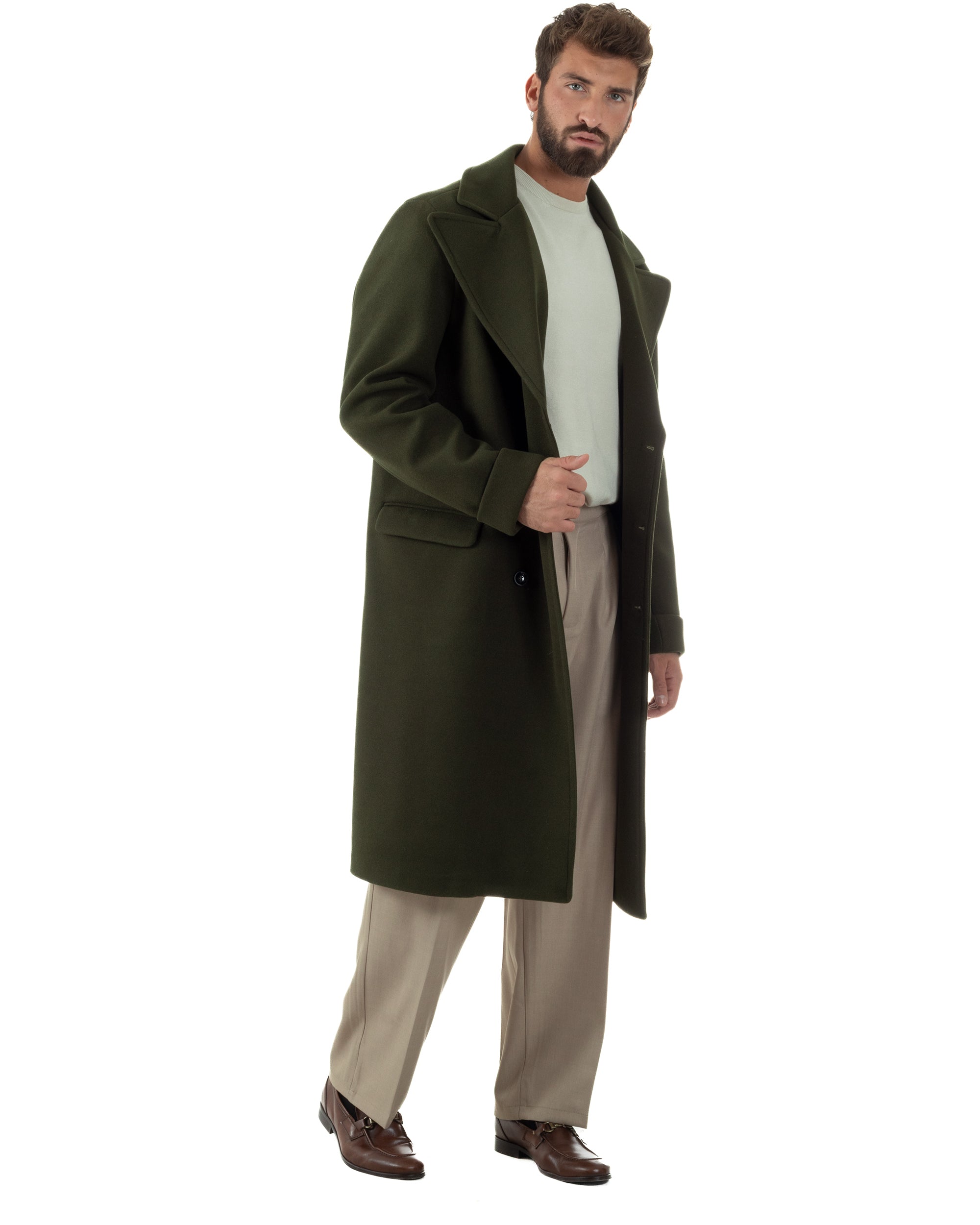 Cappotto Doppiopetto Uomo Oversize Giaccone Lungo Revers Ampi Verde CO1095A