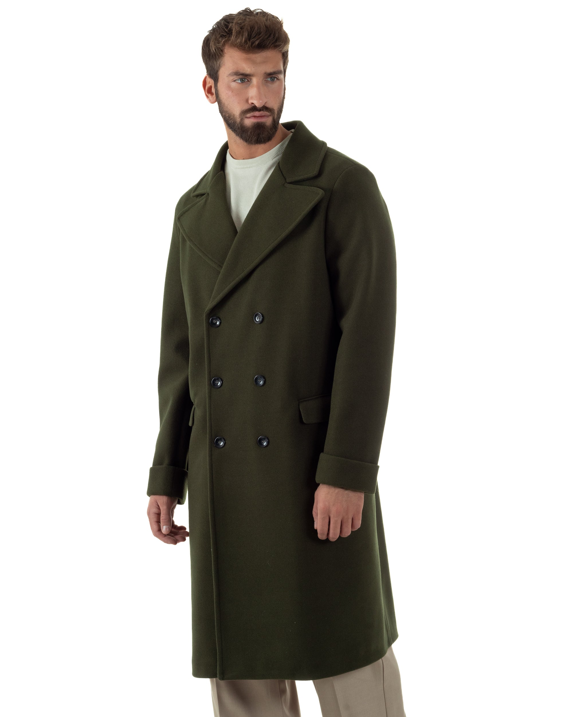 Cappotto Doppiopetto Uomo Oversize Giaccone Lungo Revers Ampi Verde CO1095A