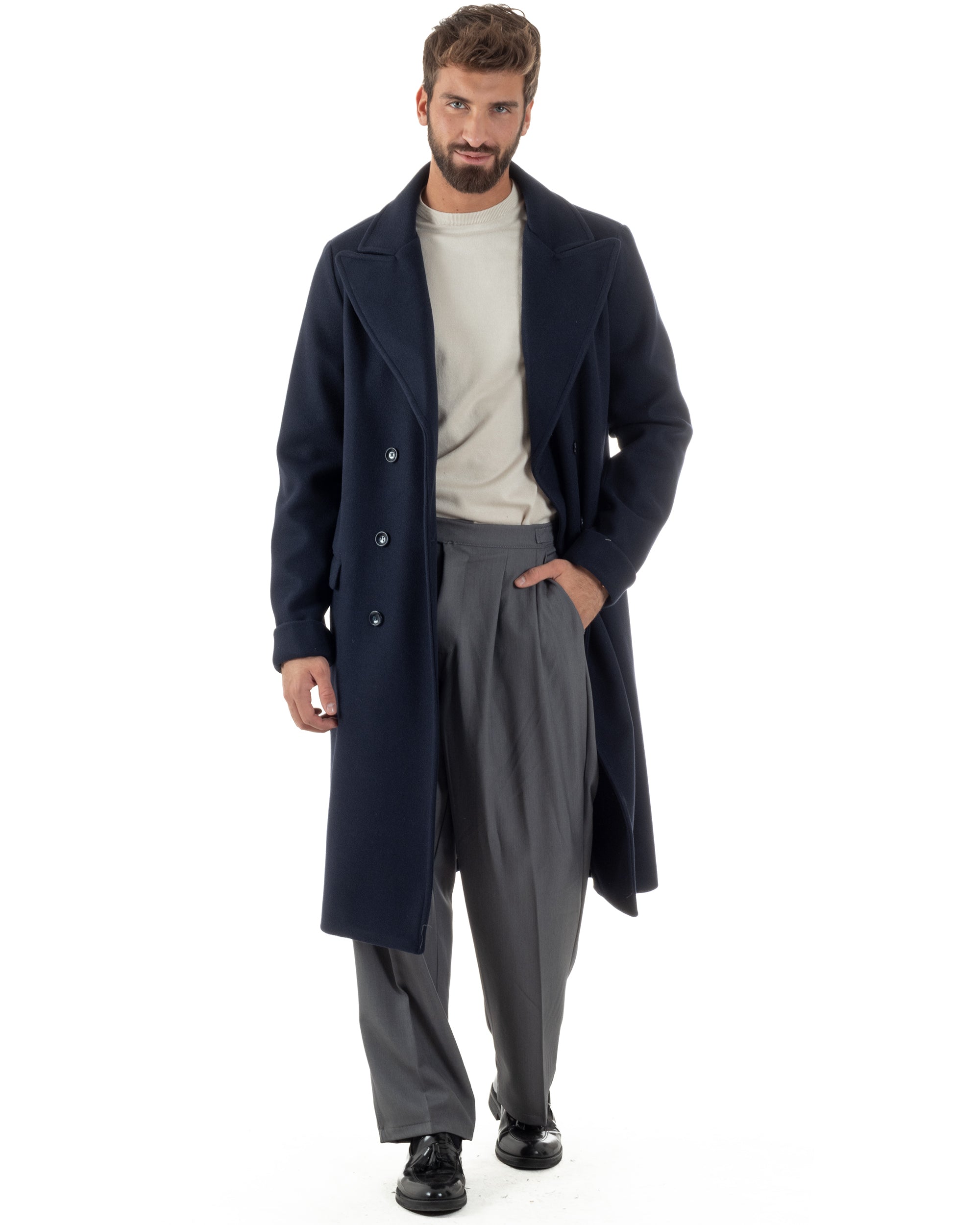 Cappotto Doppiopetto Uomo Oversize Giaccone Lungo Revers Ampi Blu CO1096A