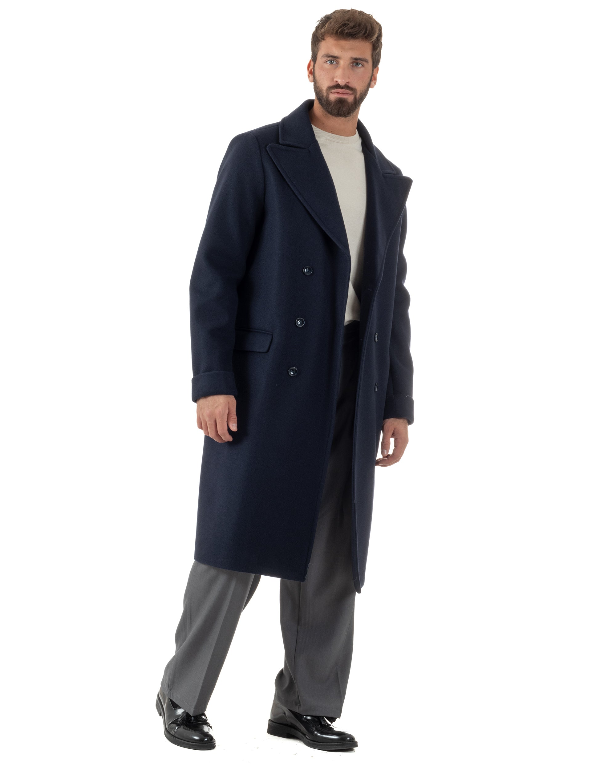 Cappotto Doppiopetto Uomo Oversize Giaccone Lungo Revers Ampi Blu CO1096A