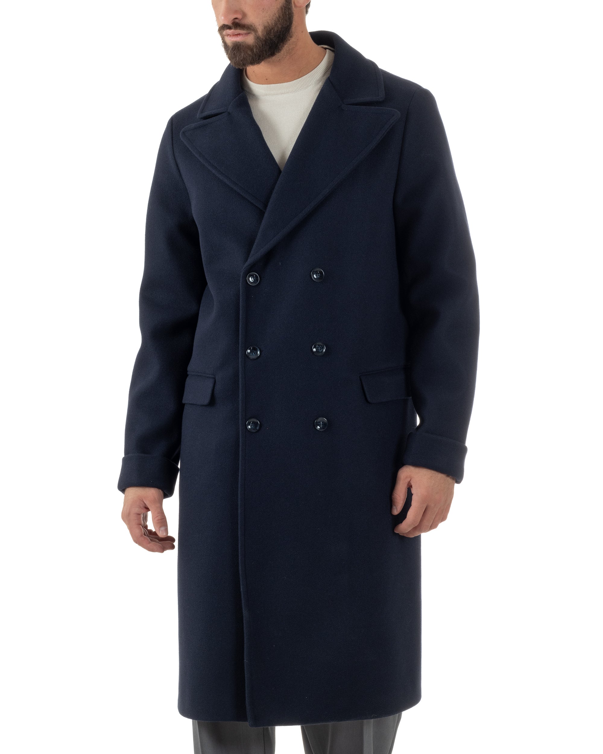 Cappotto Doppiopetto Uomo Oversize Giaccone Lungo Revers Ampi Blu CO1096A