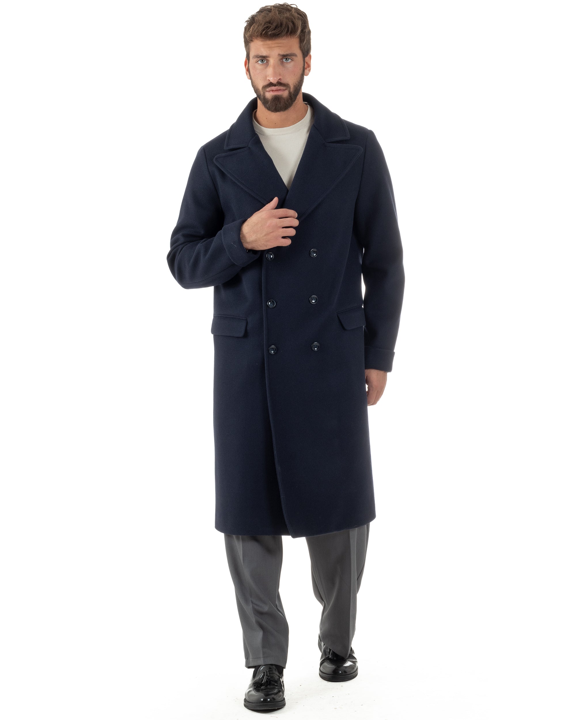 Cappotto Doppiopetto Uomo Oversize Giaccone Lungo Revers Ampi Blu CO1096A