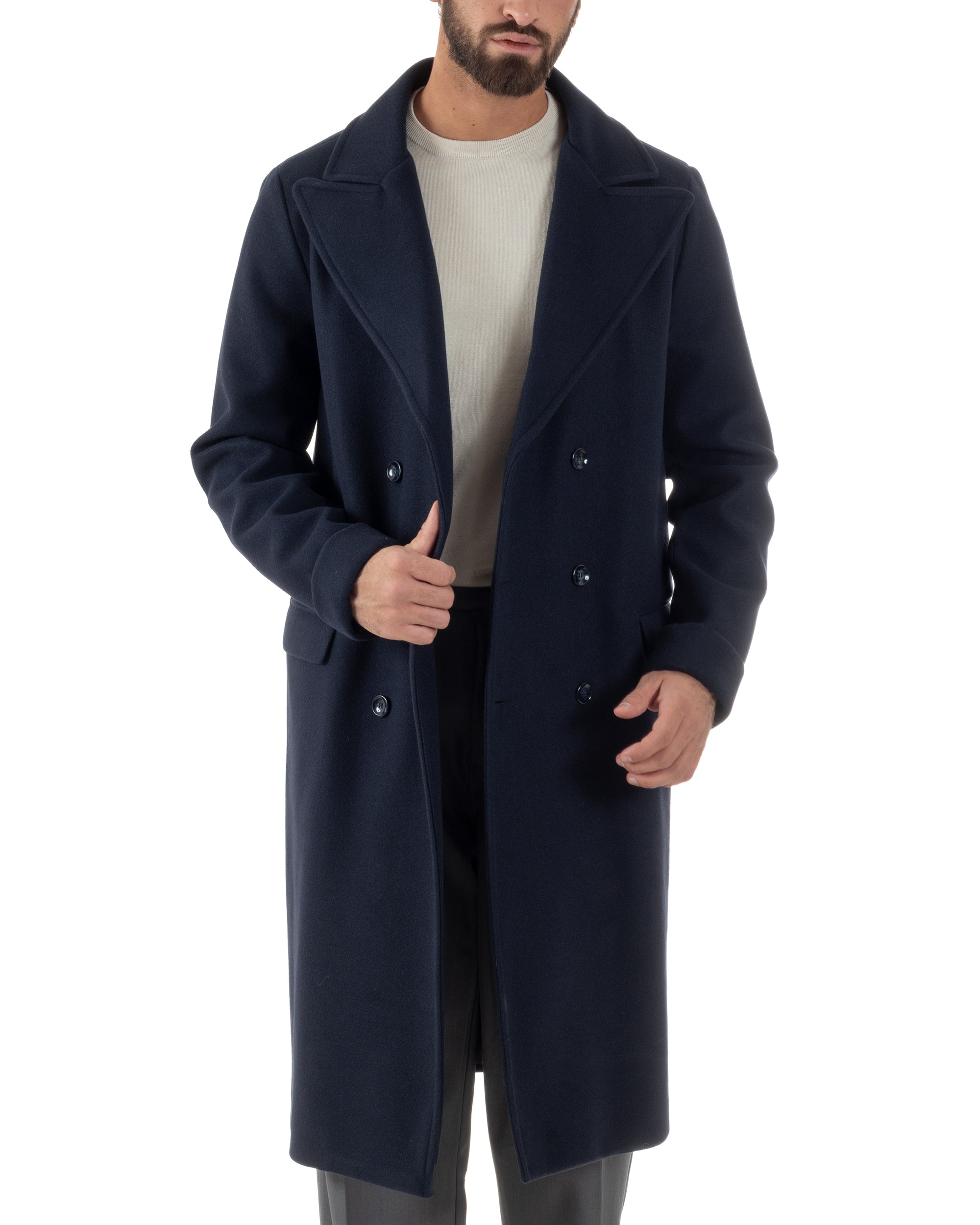 Cappotto Doppiopetto Uomo Oversize Giaccone Lungo Revers Ampi Blu CO1096A