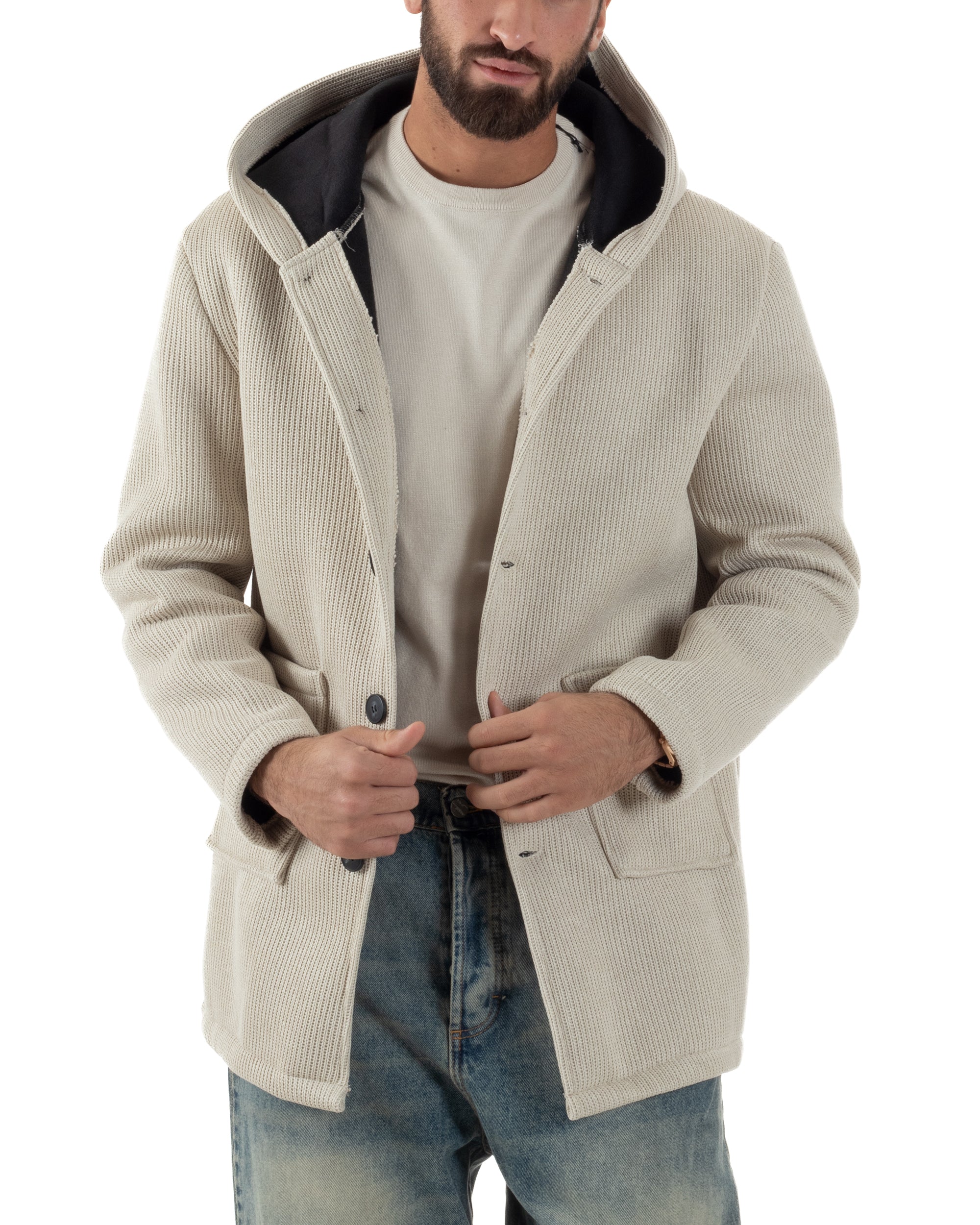 Cappotto Uomo Monopetto Cappuccio Maglia A Coste Beige CO1097A