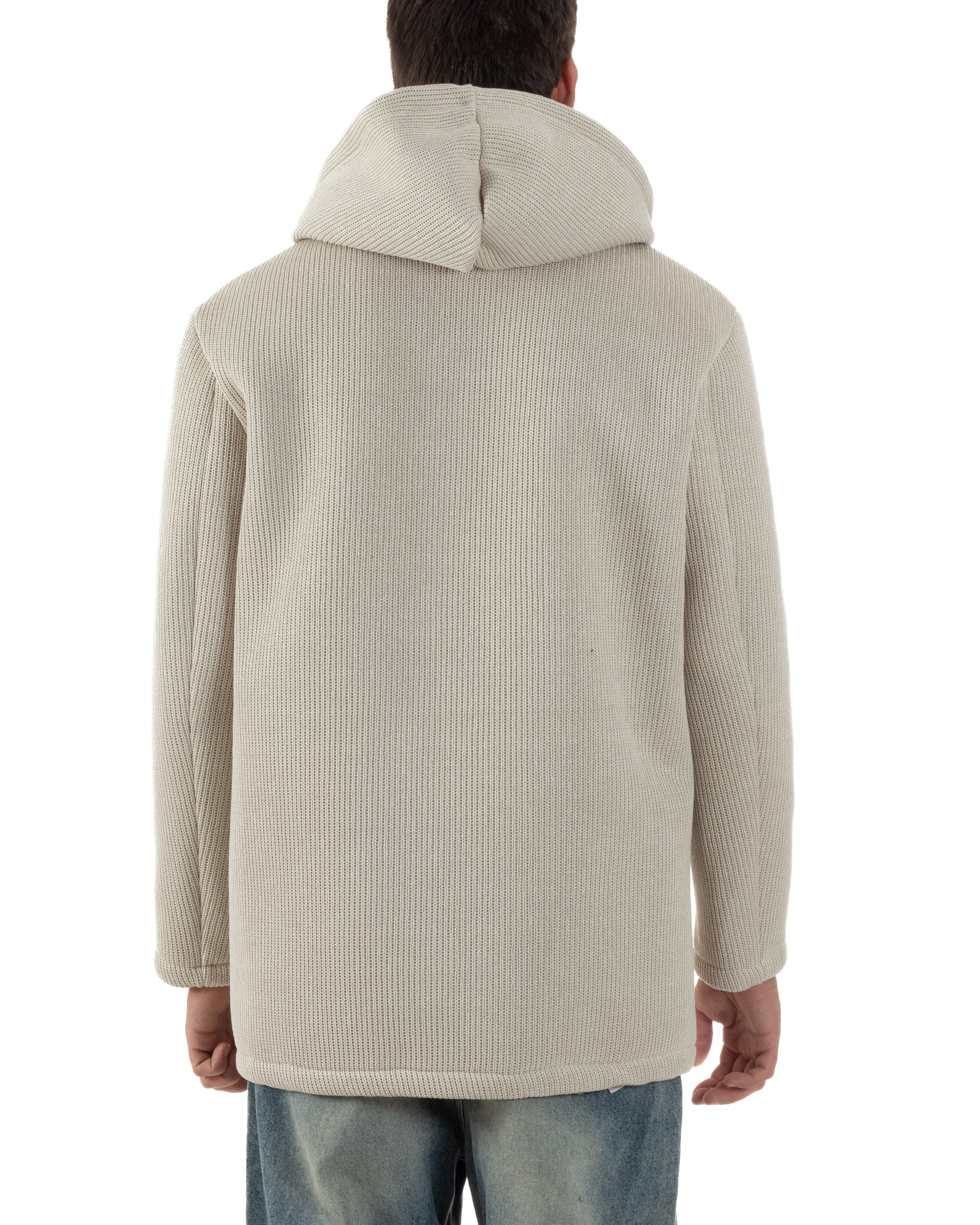 Cappotto Uomo Monopetto Cappuccio Maglia A Coste Beige CO1097A