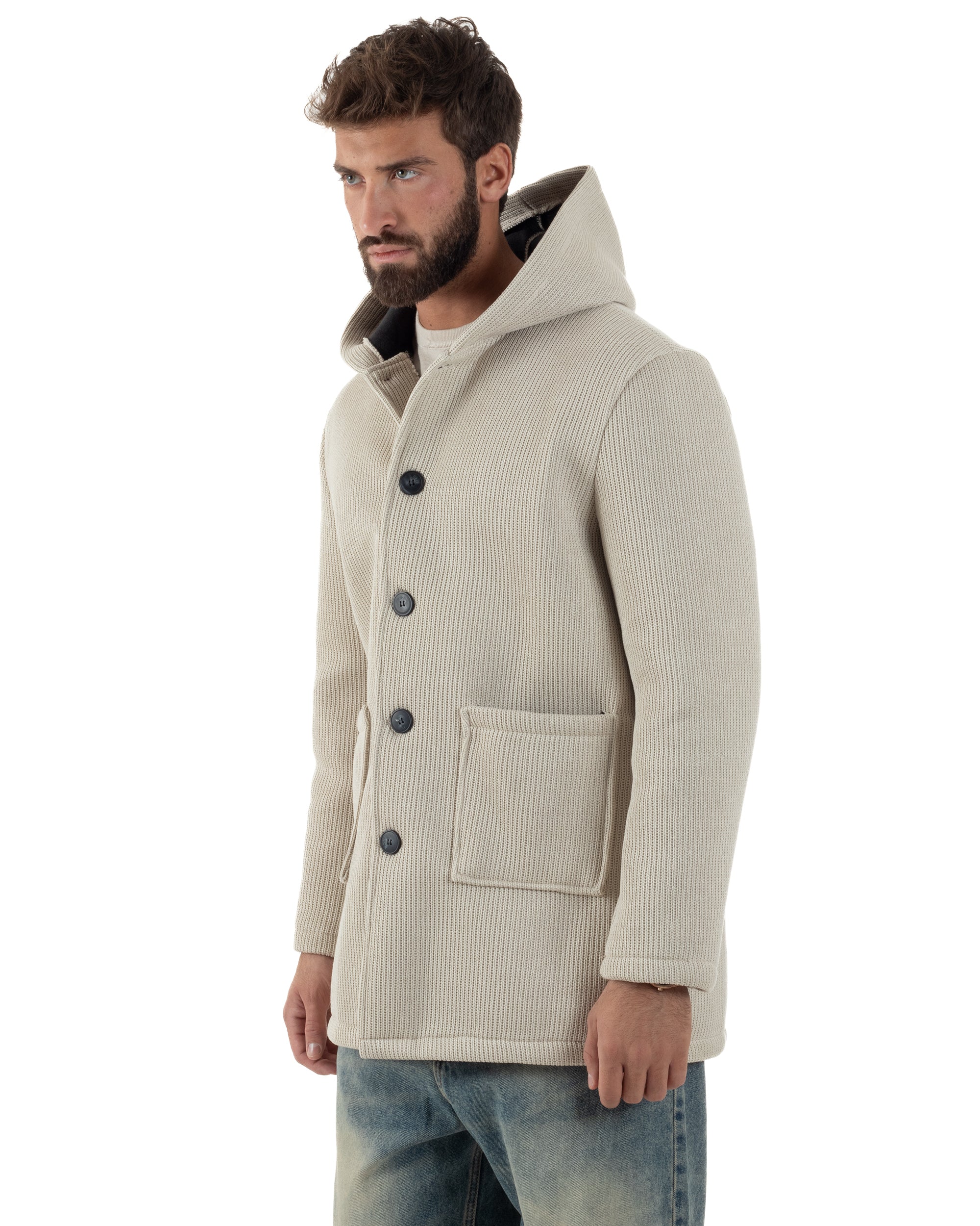 Cappotto Uomo Monopetto Cappuccio Maglia A Coste Beige CO1097A