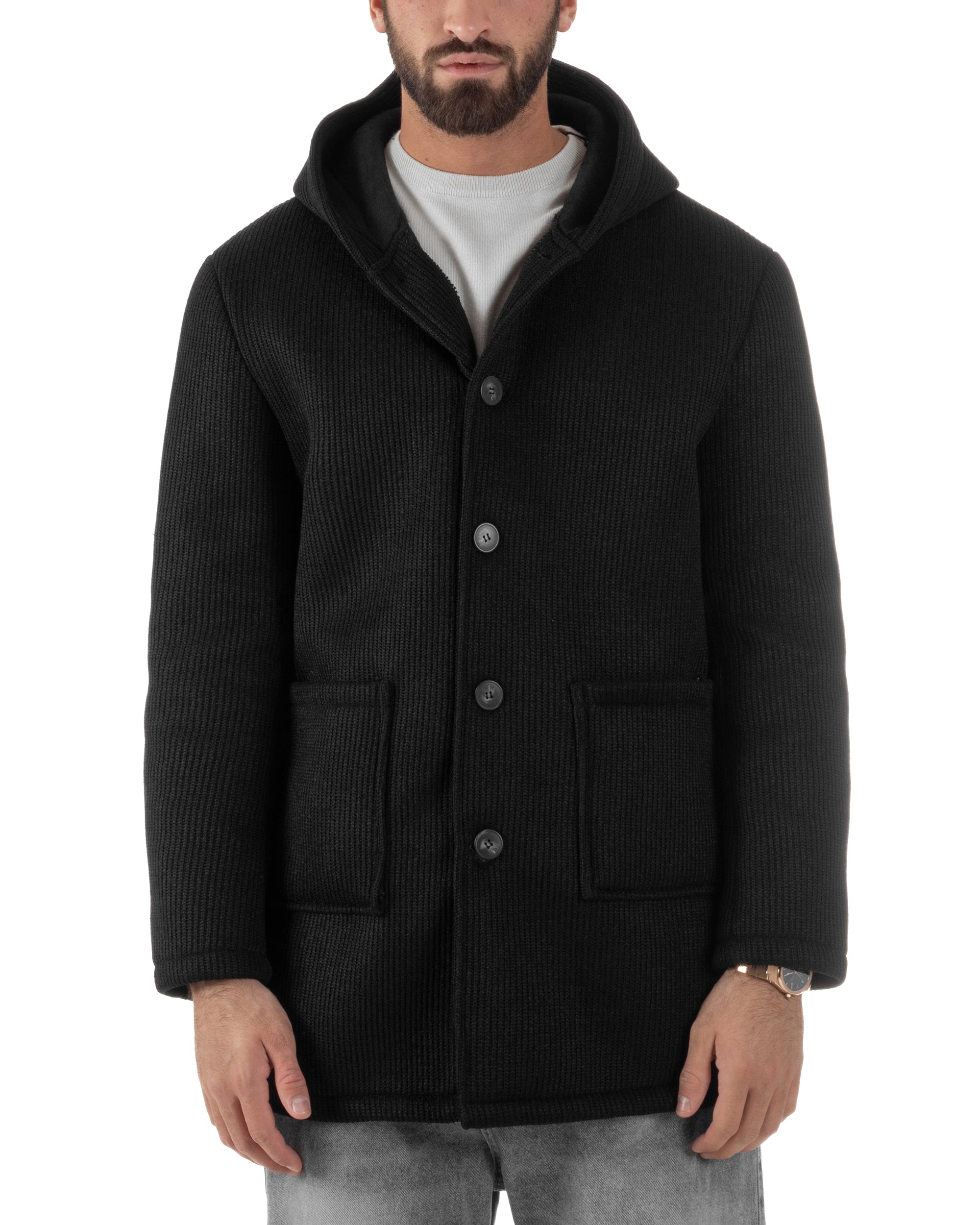 Cappotto Uomo Monopetto Cappuccio Maglia A Coste Nero CO1098A