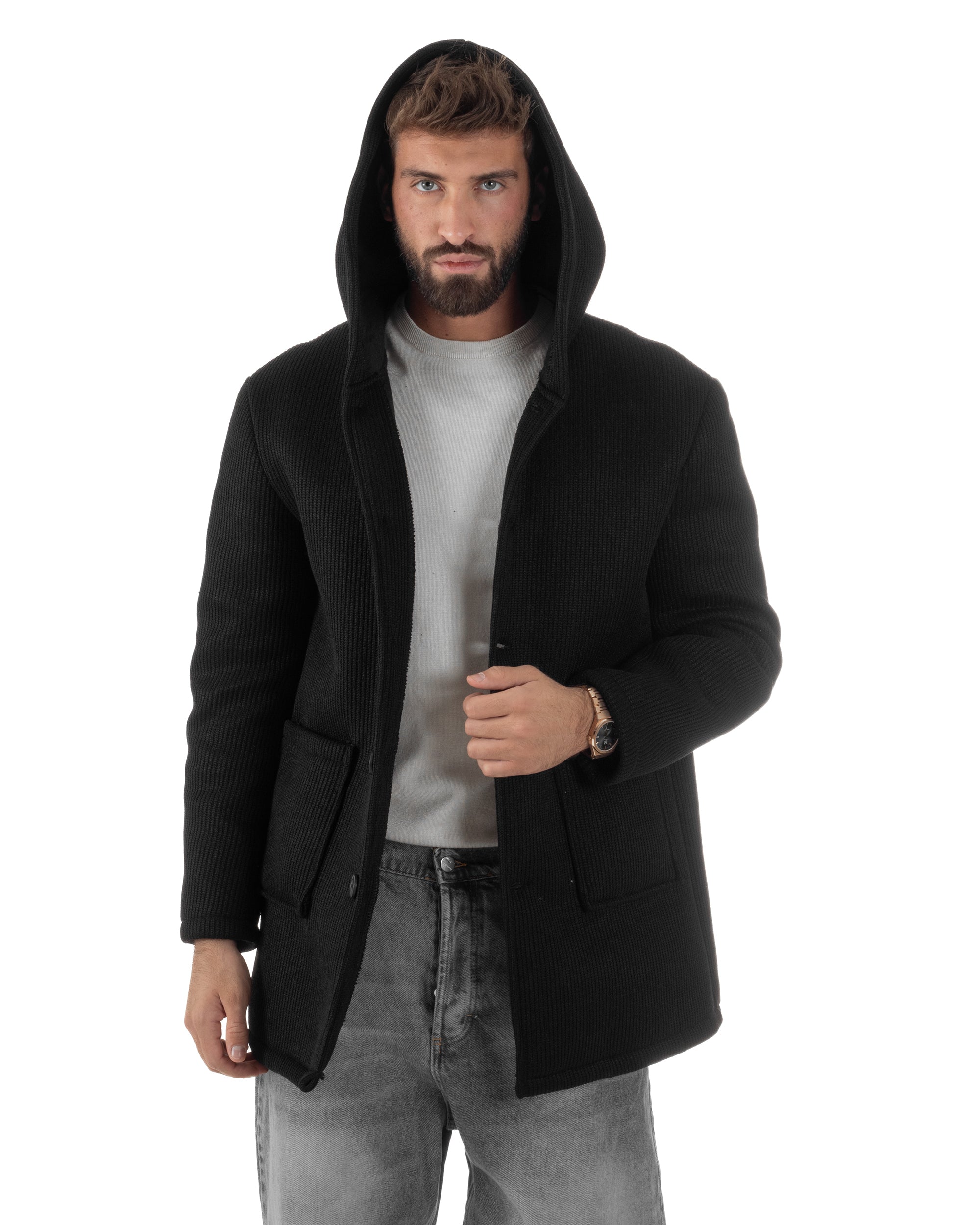 Cappotto Uomo Monopetto Cappuccio Maglia A Coste Nero CO1098A
