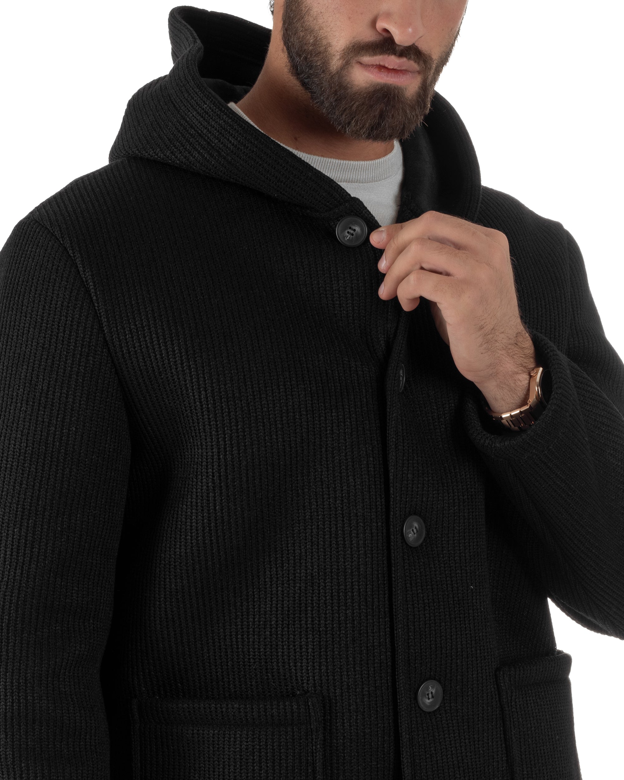 Cappotto Uomo Monopetto Cappuccio Maglia A Coste Nero CO1098A