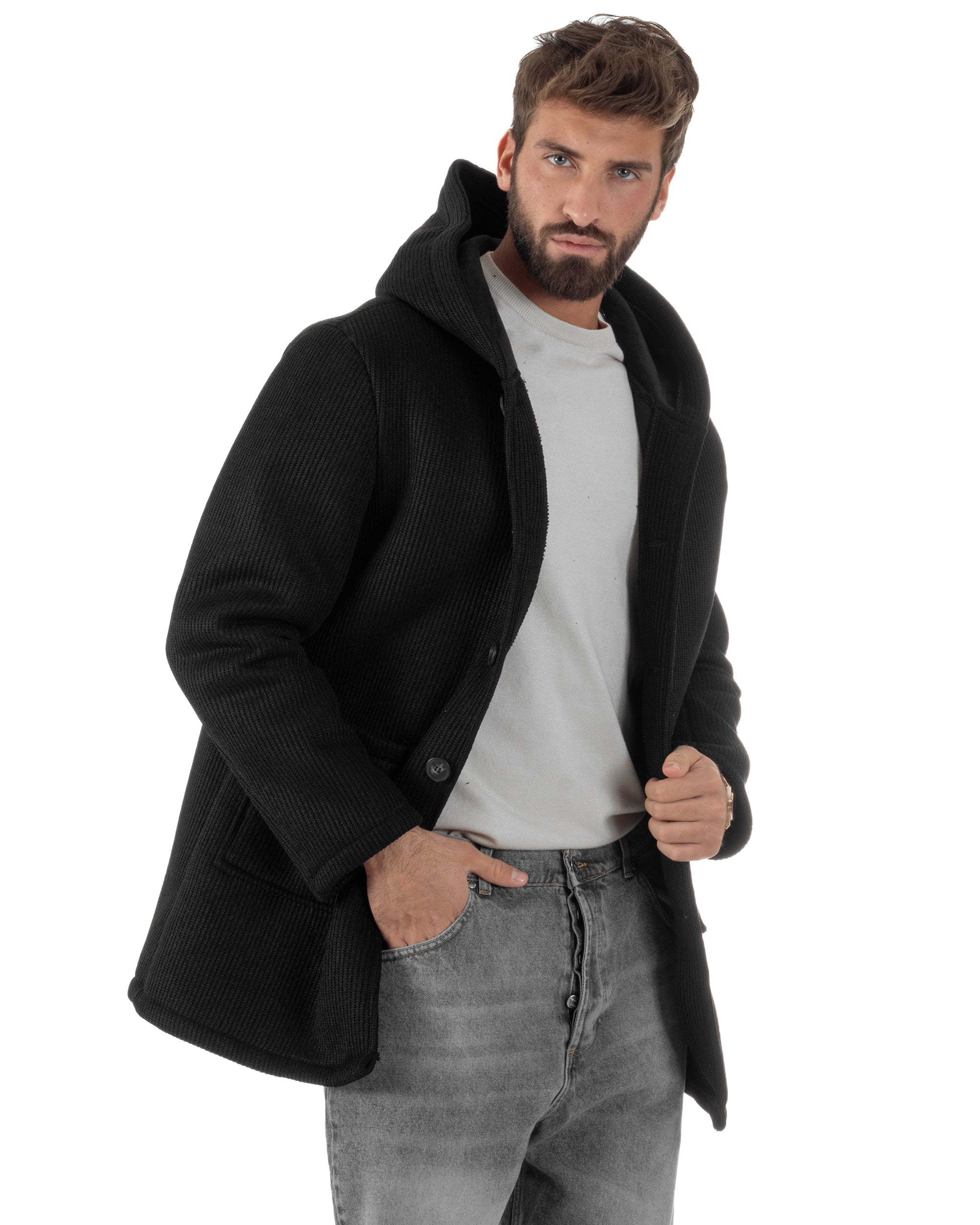 Cappotto Uomo Monopetto Cappuccio Maglia A Coste Nero CO1098A