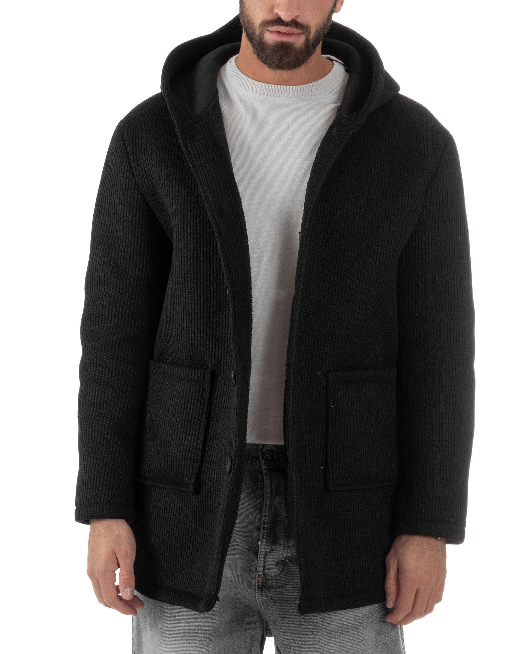 Cappotto Uomo Monopetto Cappuccio Maglia A Coste Nero CO1098A