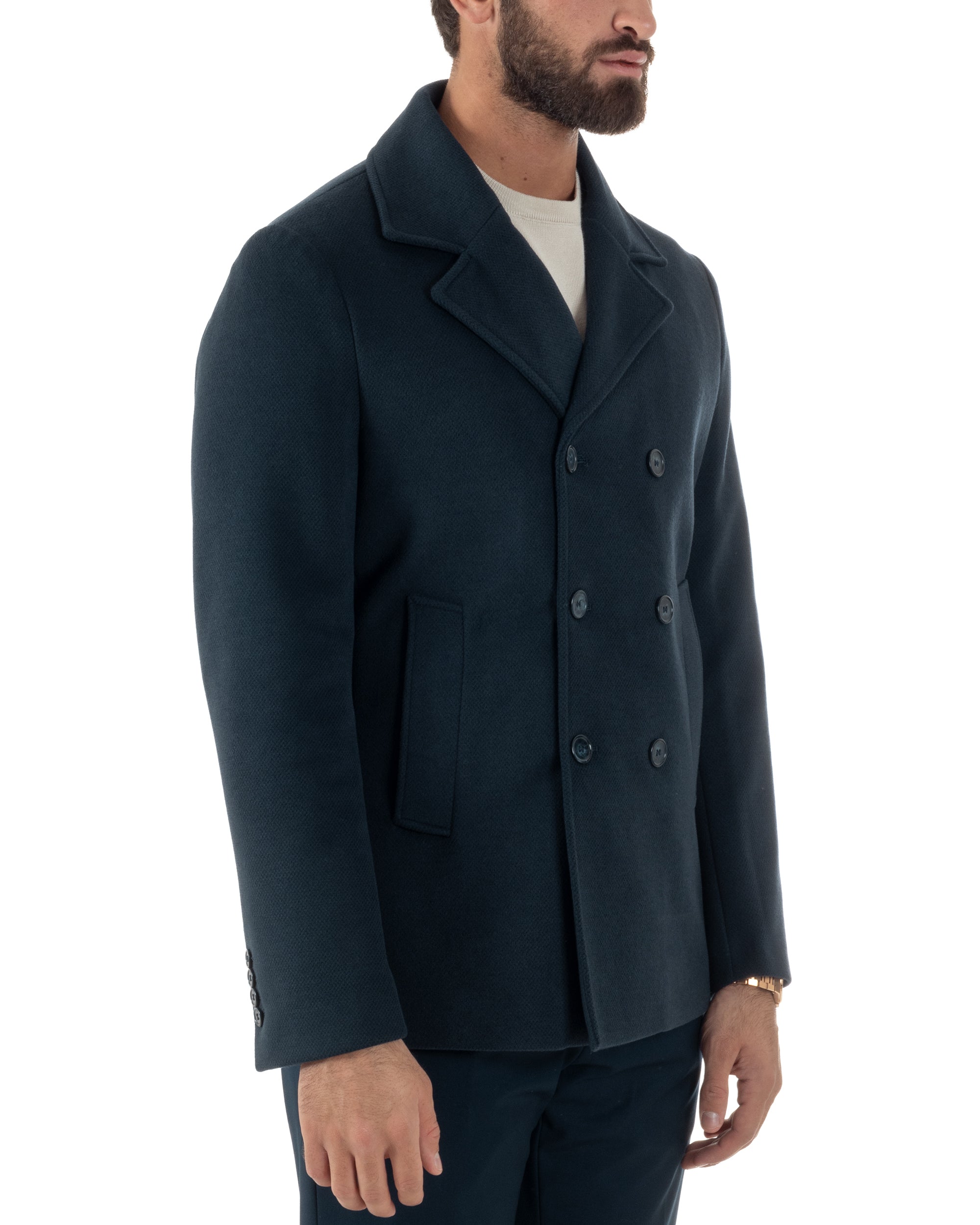 Cappotto Uomo Corto Doppiopetto Martingala Giaccone In Panno Blu CO1099A
