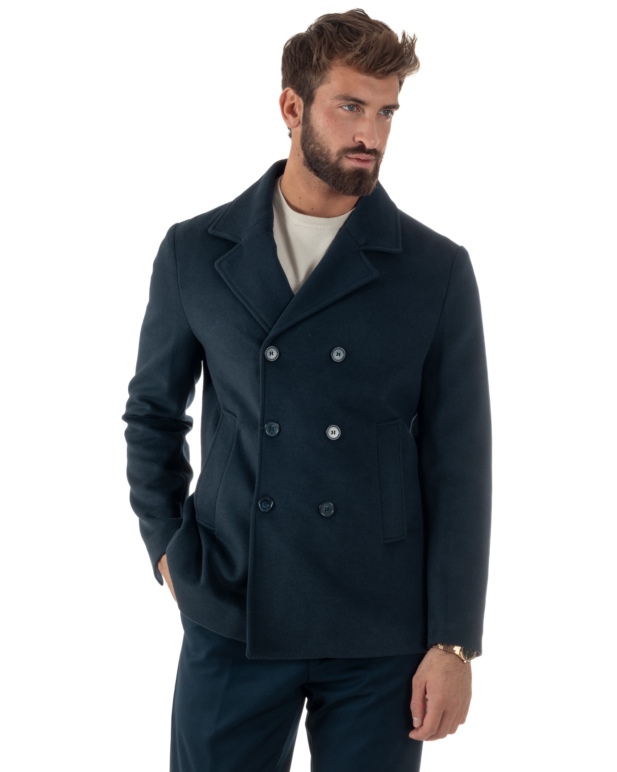 Cappotto Uomo Corto Doppiopetto Martingala Giaccone In Panno Blu CO1099A