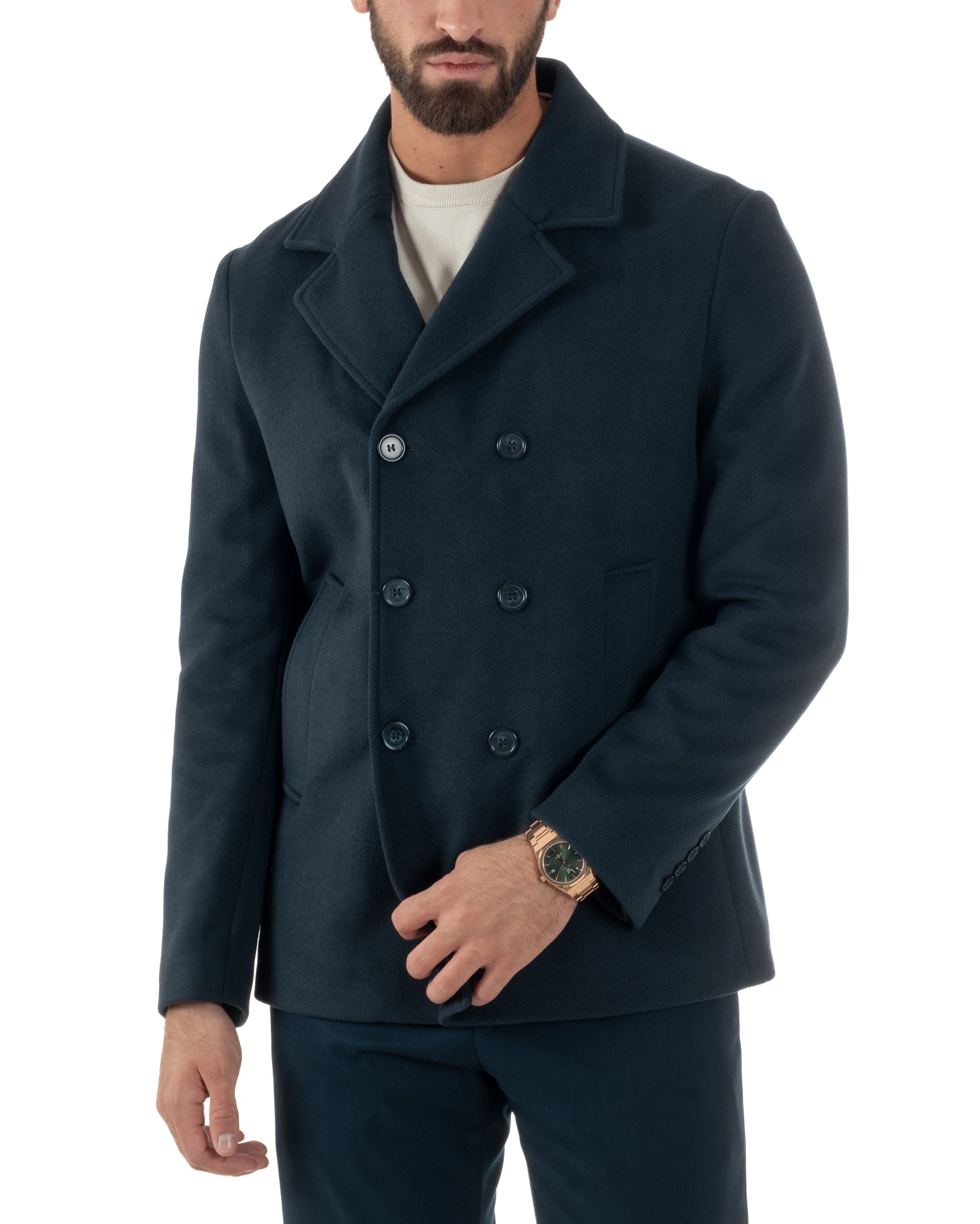 Cappotto Uomo Corto Doppiopetto Martingala Giaccone In Panno Blu CO1099A