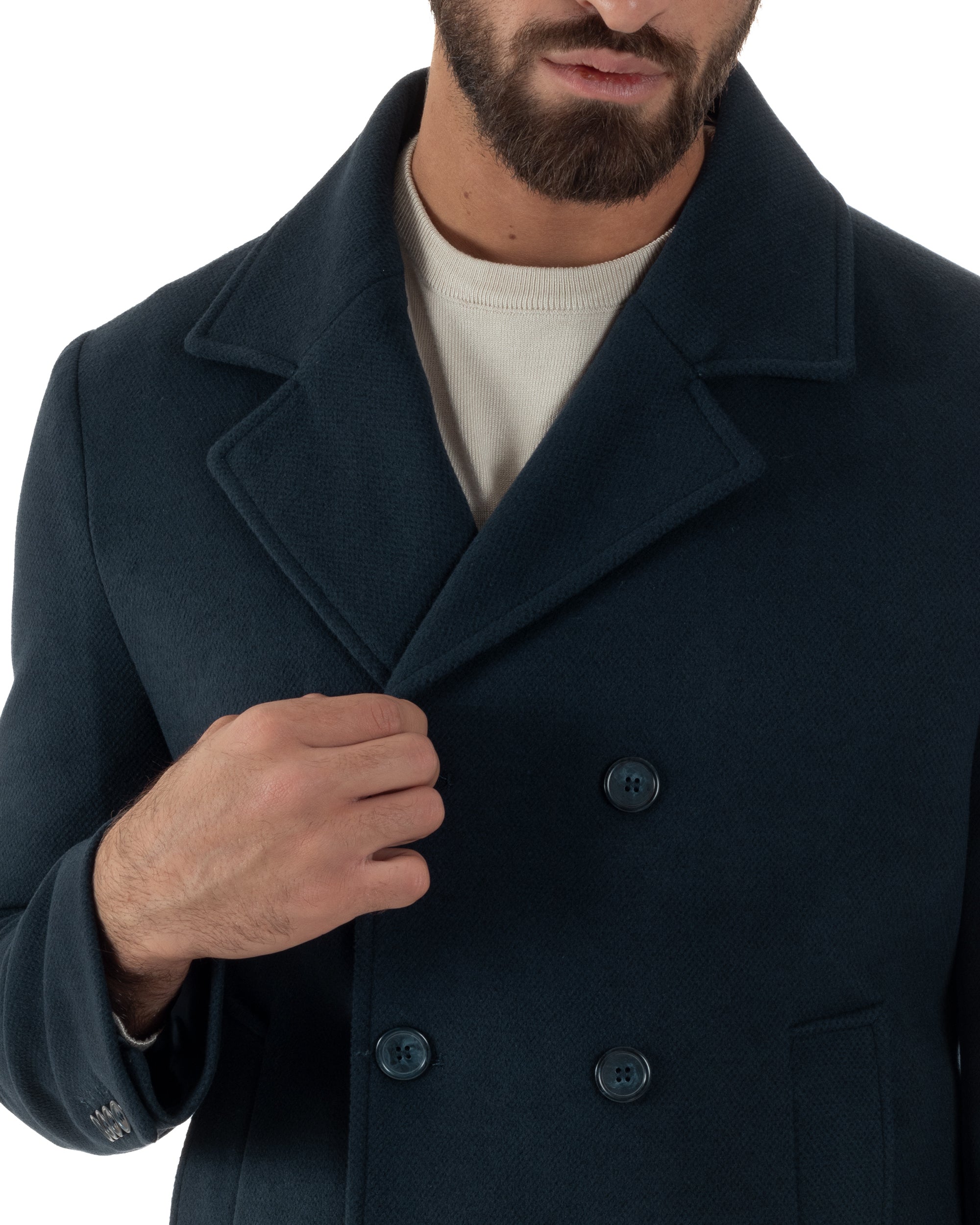 Cappotto Uomo Corto Doppiopetto Martingala Giaccone In Panno Blu CO1099A
