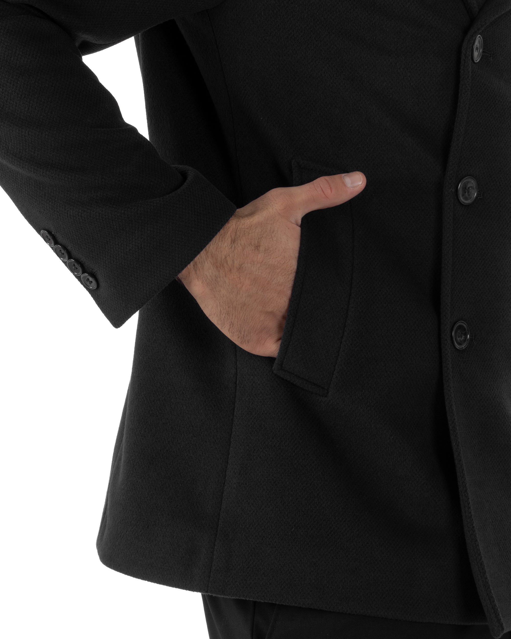 Cappotto Uomo Corto Doppiopetto Martingala Giaccone In Panno Nero CO1100A