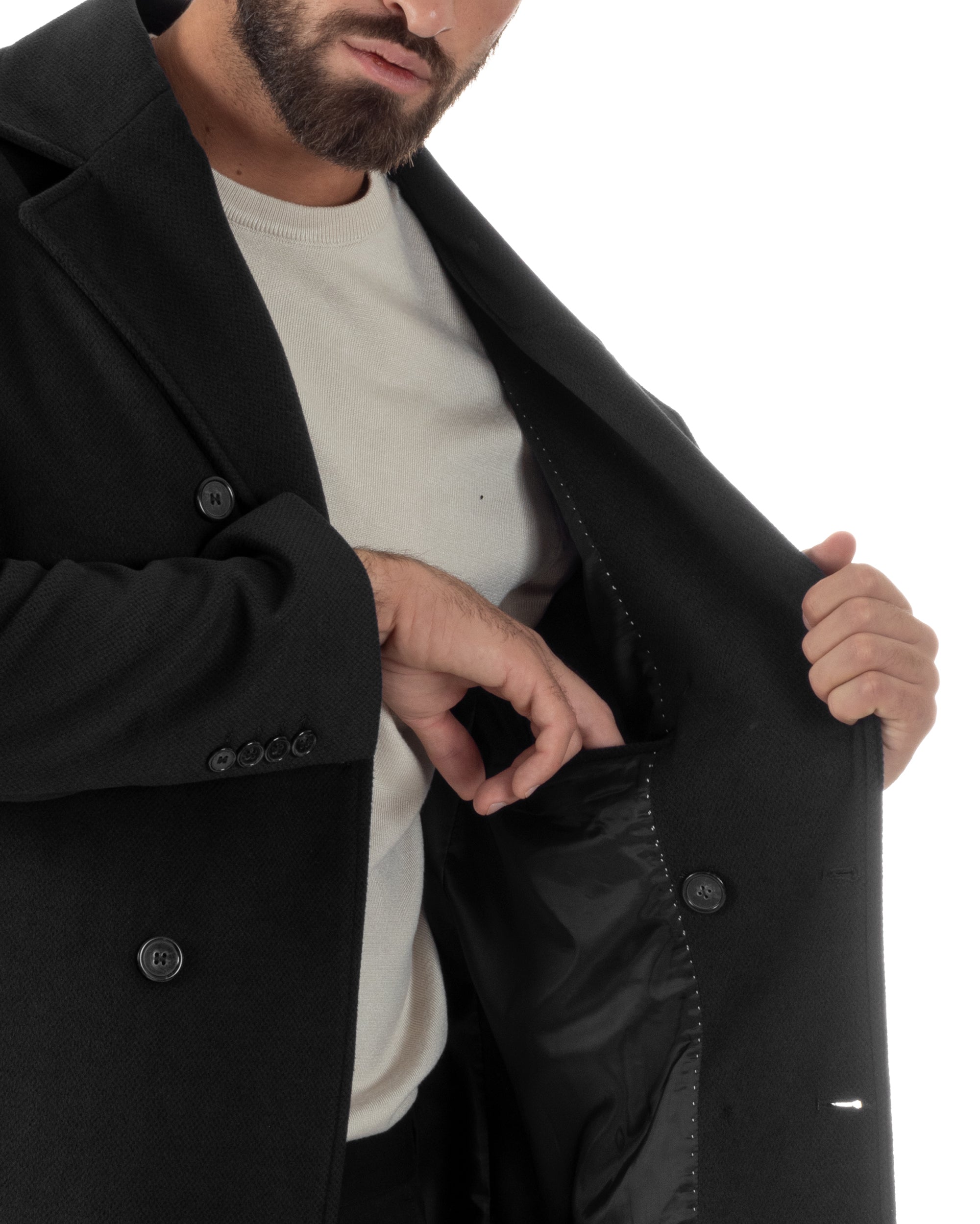 Cappotto Uomo Corto Doppiopetto Martingala Giaccone In Panno Nero CO1100A