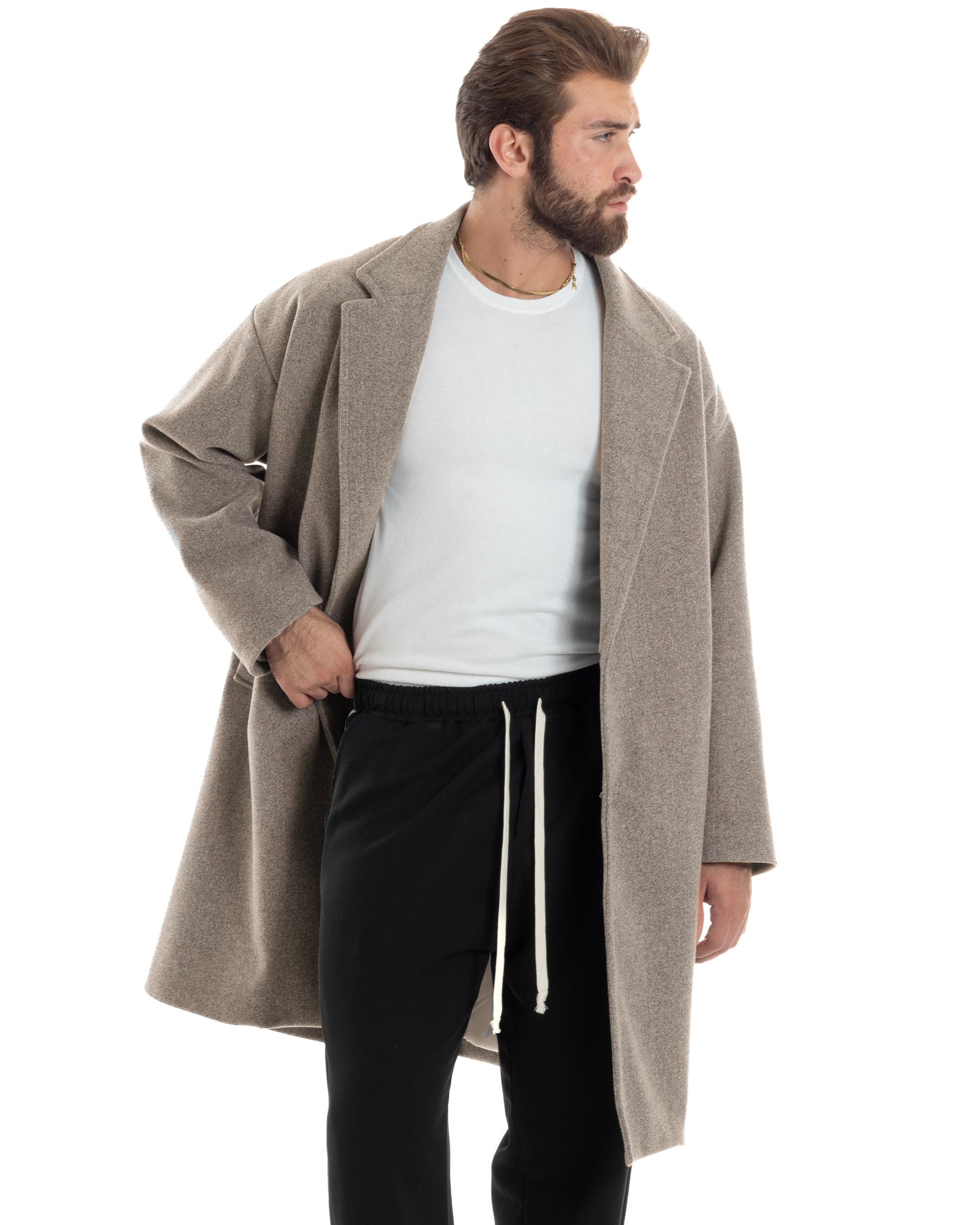 Cappotto Uomo Oversize Monopetto Maniche Raglan Collo Rever Beige CO1107A