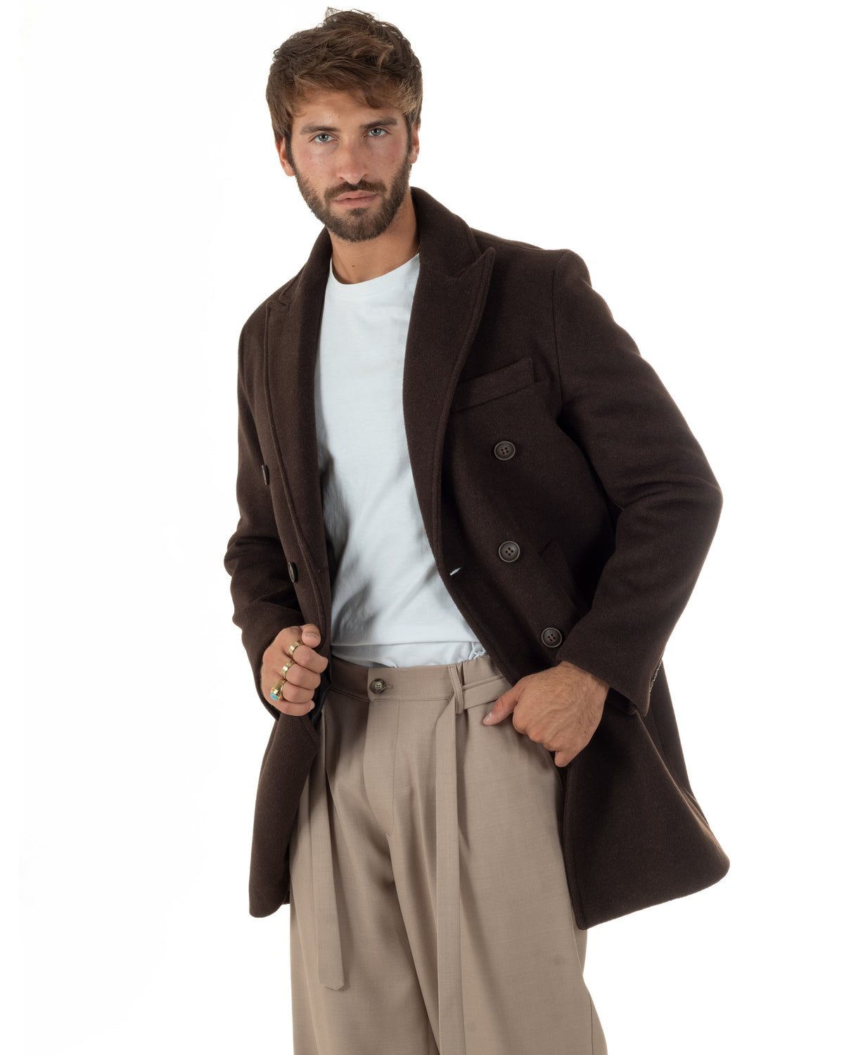 Cappotto uomo sartoriale doppiopetto con rever a lancia marrone GIOSAL-CO1109A