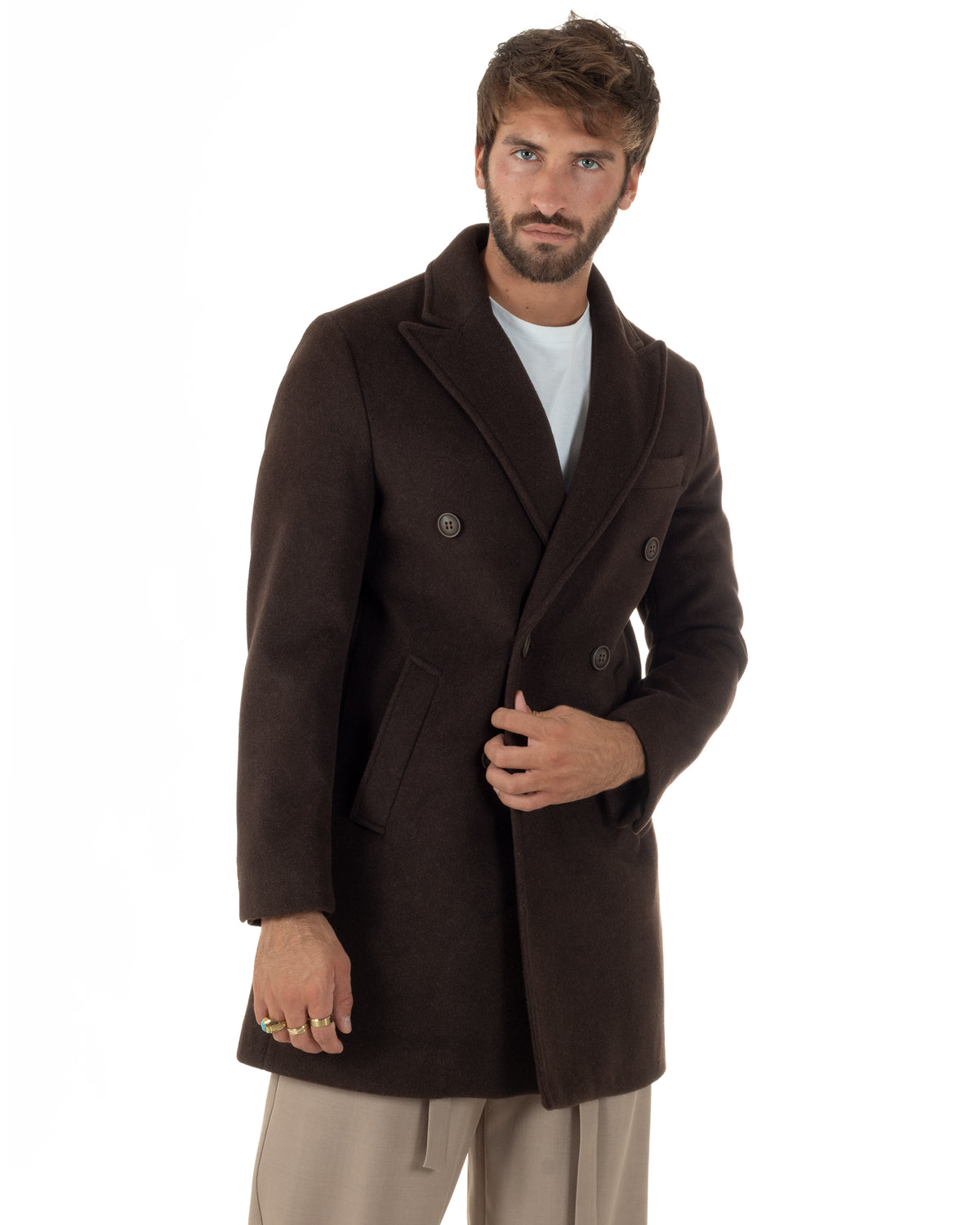 Cappotto uomo sartoriale doppiopetto con rever a lancia marrone GIOSAL-CO1109A