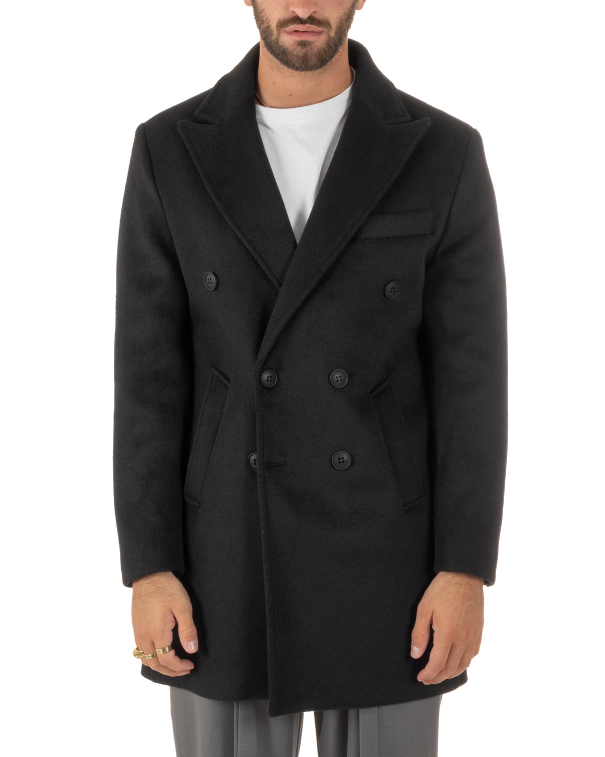 Cappotto uomo sartoriale doppiopetto con rever a lancia nero GIOSAL-CO1110A