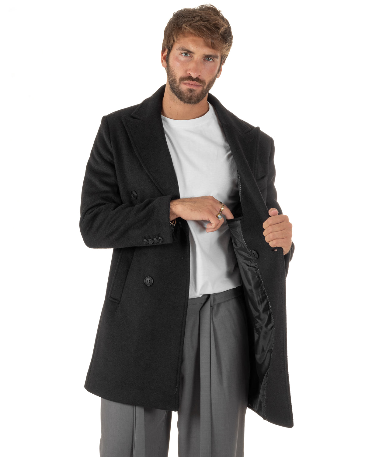 Cappotto uomo sartoriale doppiopetto con rever a lancia nero GIOSAL-CO1110A