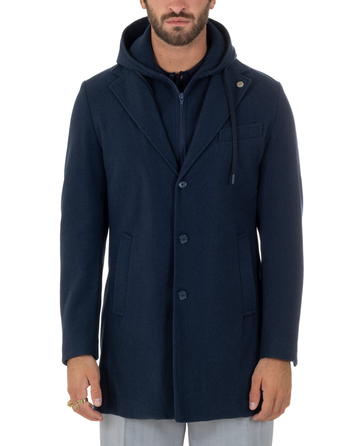 Cappotto uomo monopetto invernale cappuccio doppia chiusura blu GIOSAL-CO1112A