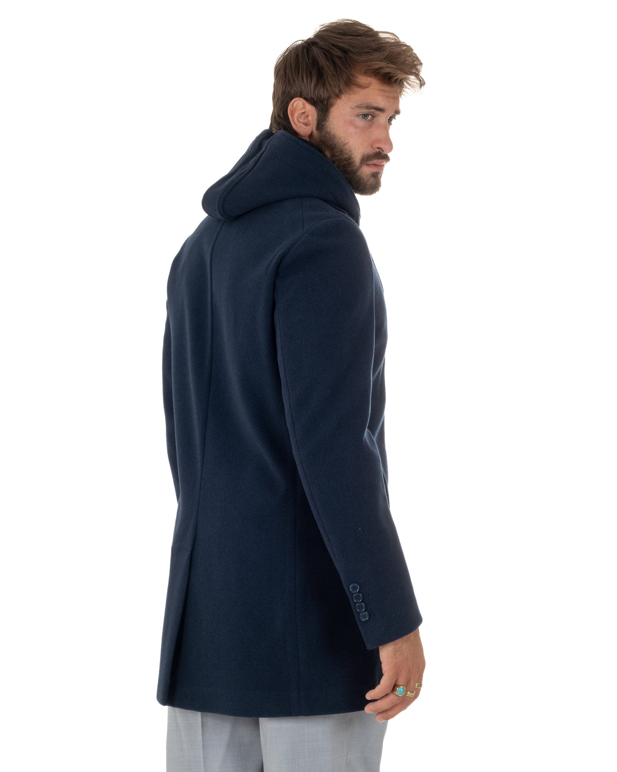 Cappotto uomo monopetto invernale cappuccio doppia chiusura blu GIOSAL-CO1112A