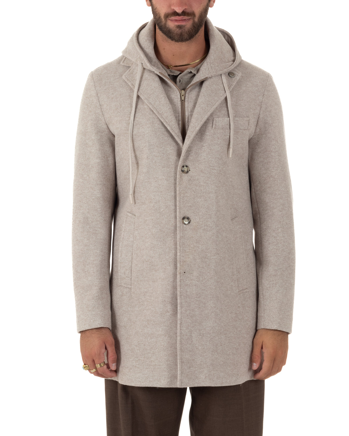 Cappotto uomo monopetto invernale cappuccio doppia chiusura beige GIOSAL-CO1113A