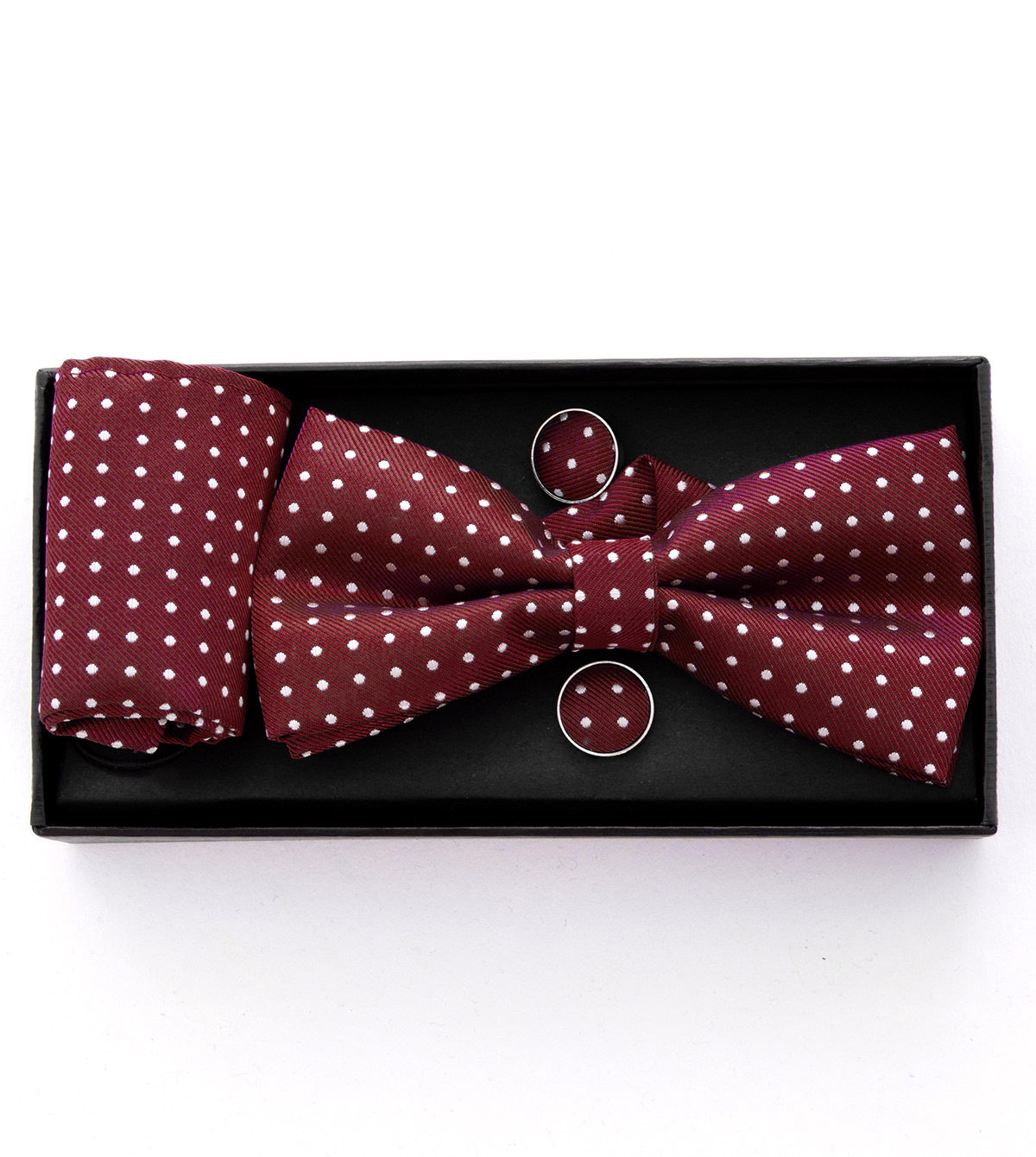 Set Pochette Papillon Gemelli Uomo Unisex Elegante Cerimonia Pois Bordeaux GIOSAL-CP1051A