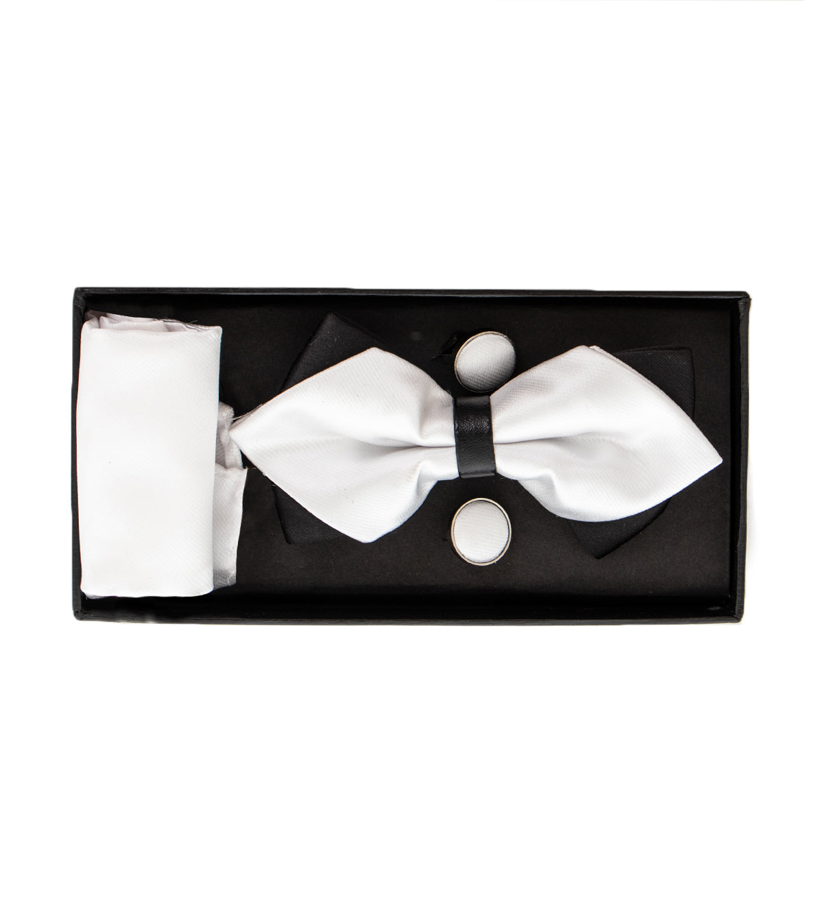 Set Papillon Gemelli Pochette Uomo Unisex Doppio Fiocco Bianco Nero Elegante Elegante Cerimonia GIOSAL-CP1080A