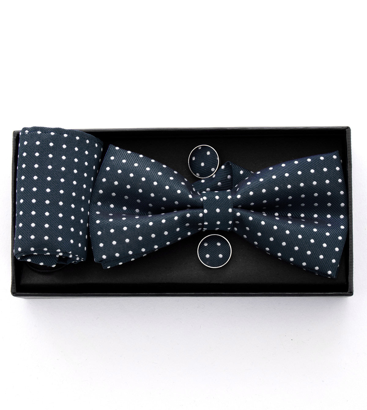 Set Pochette Papillon Gemelli Uomo Unisex Blu Scuro Elegante Classico Fantasia Pois Cerimonia GIOSAL-CP1122A