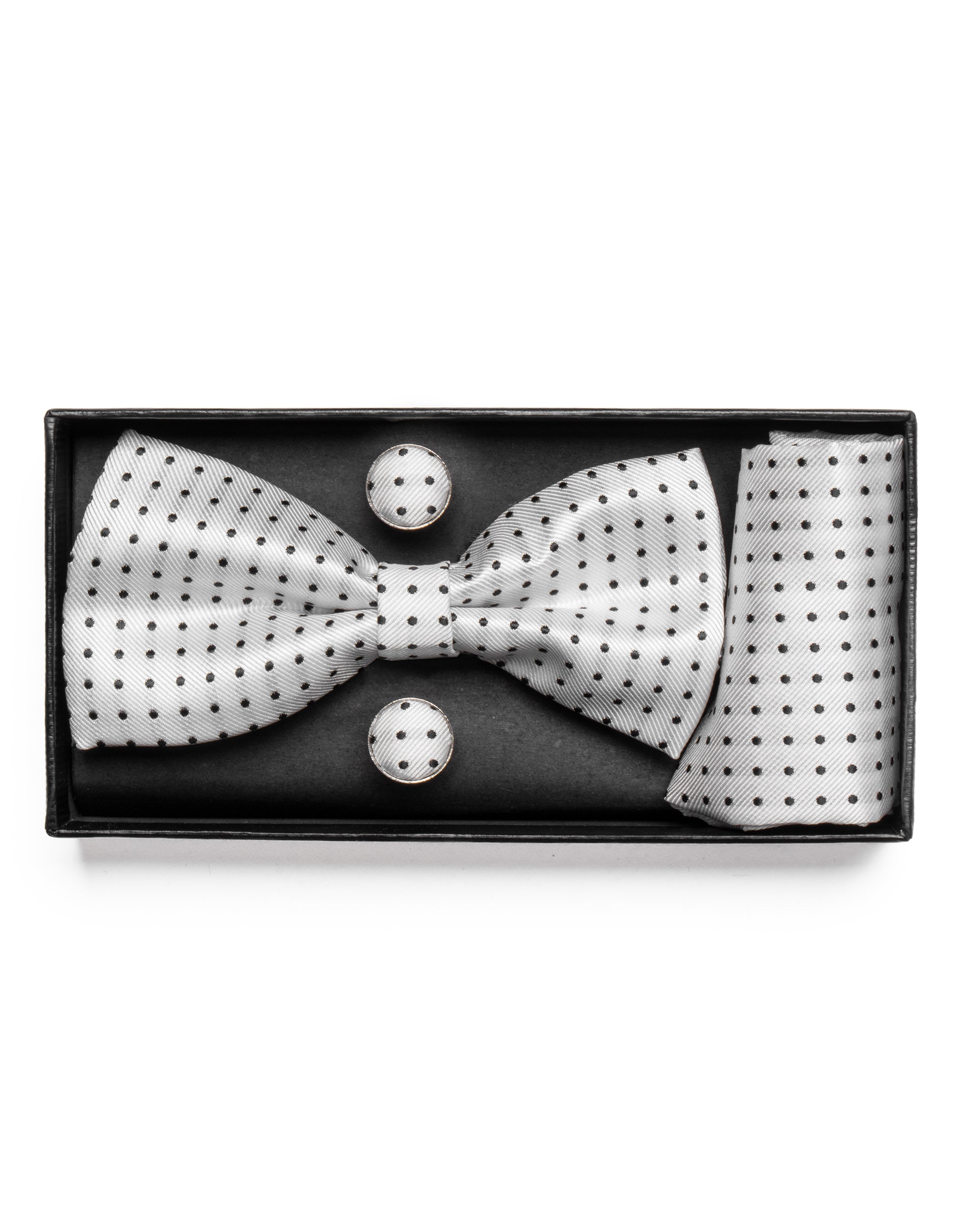 Set Pochette Papillon Gemelli Uomo Unisex Elegante Cerimonia Pois Bianco GIOSAL-CP1123A