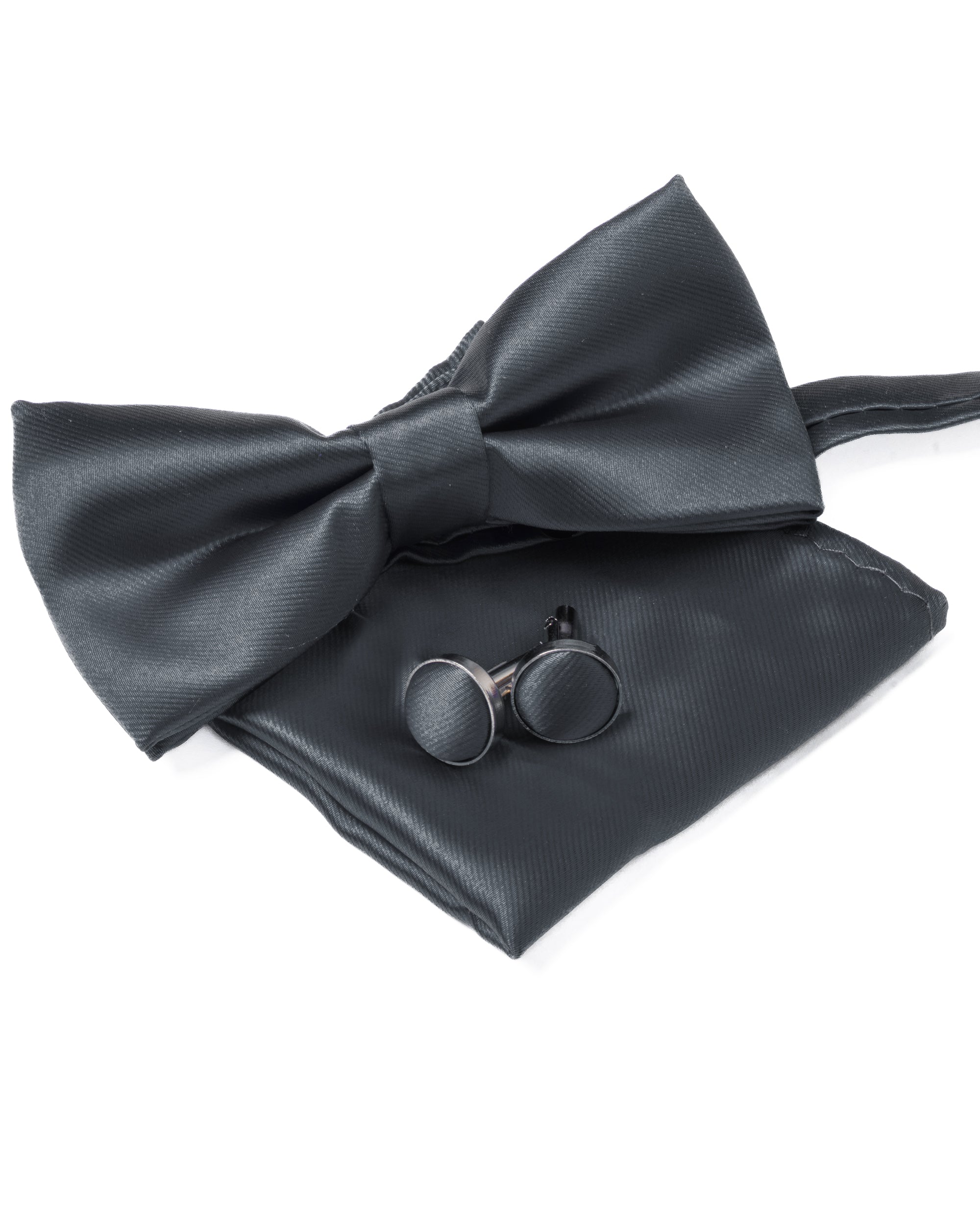 Set Pochette Papillon Gemelli Uomo Unisex Elegante Classico Cerimonia Tinta Unita Grigio Scuro GIOSAL-CP1128A