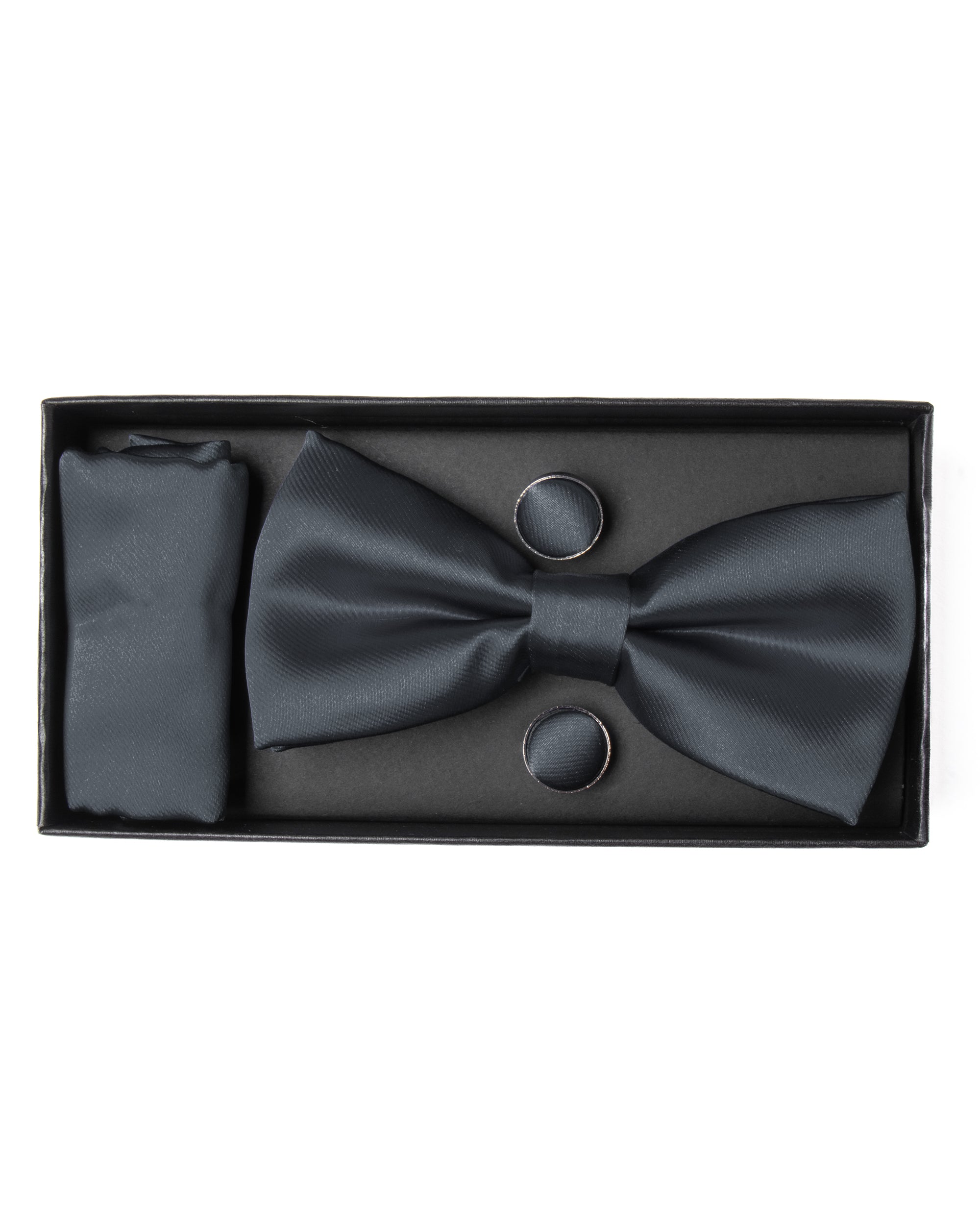 Set Pochette Papillon Gemelli Uomo Unisex Elegante Classico Cerimonia Tinta Unita Grigio Scuro GIOSAL-CP1128A