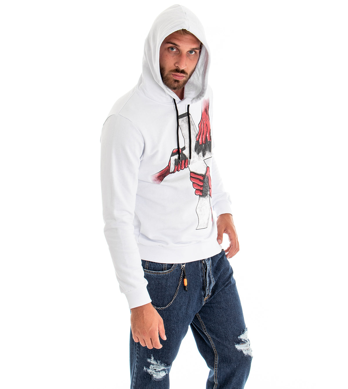 Felpa Uomo Con Cappuccio Bianco Maglia Con Stampa Croce Regular Fit GIOSAL-F2666A