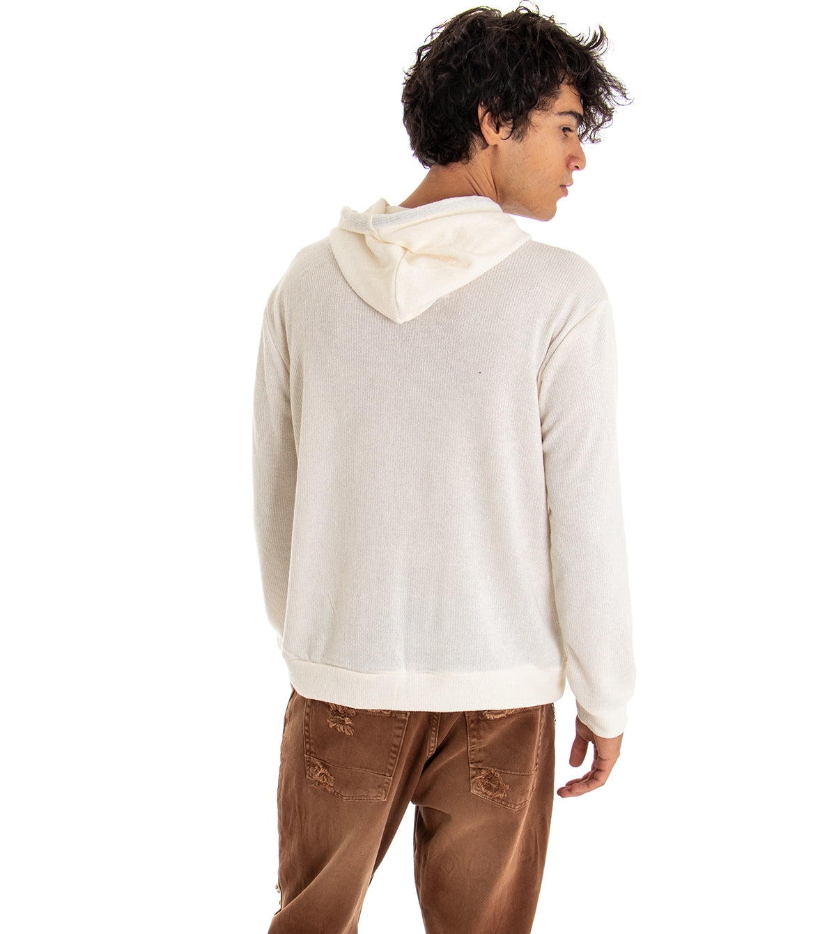 Felpa Uomo Con Cappuccio Maglia Velluto Costine Tinta Unita Bianco Regular Fit GIOSAL-F2670A