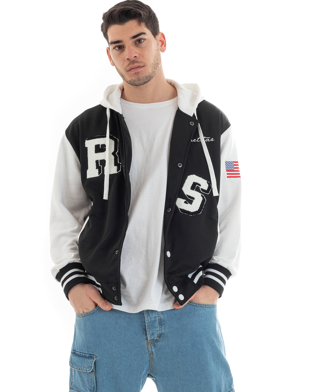 Felpa Uomo Giubbotto College Varsity Stampa Bicolore Cappuccio Nero Bianco GIOSAL-F2968A