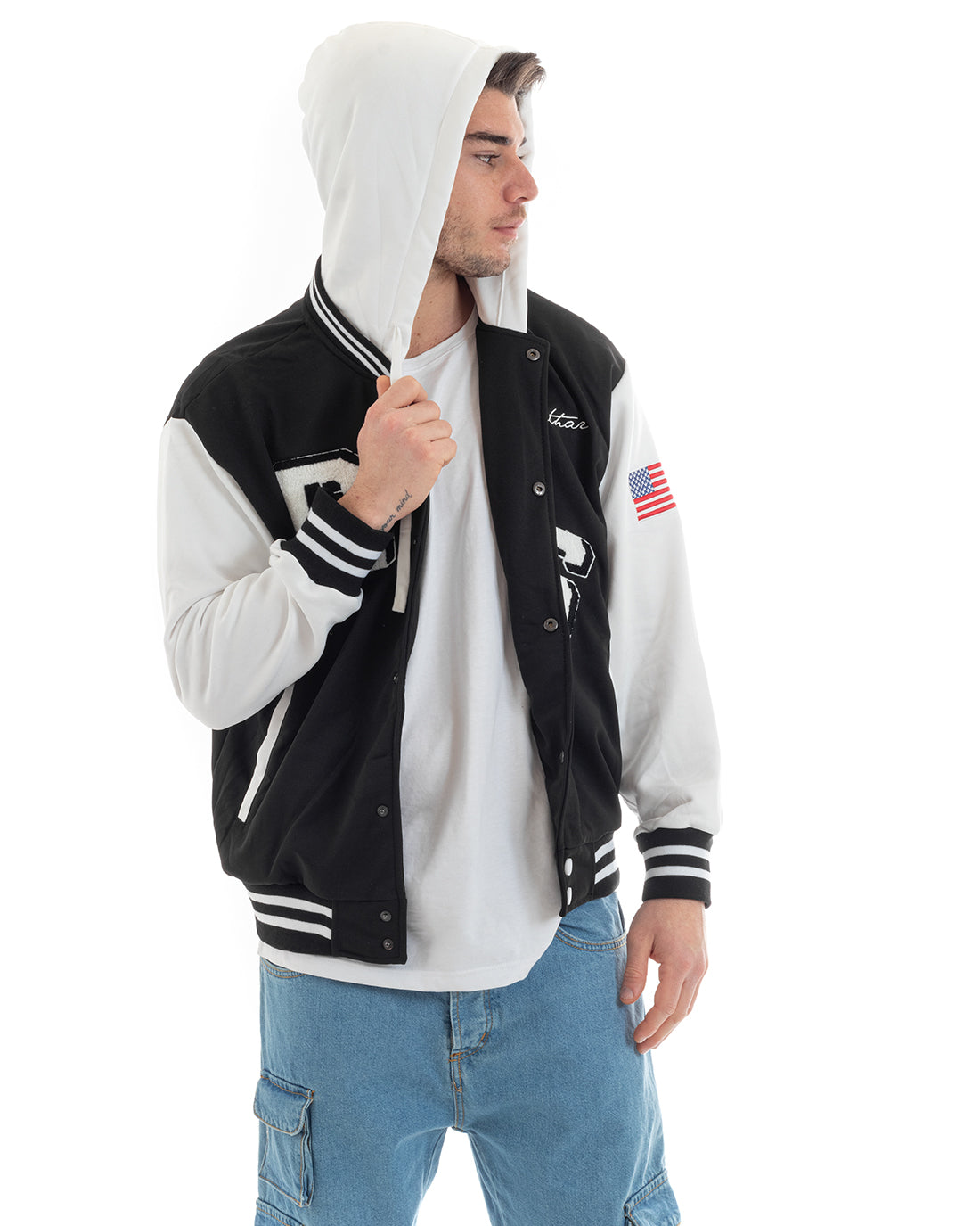 Felpa Uomo Giubbotto College Varsity Stampa Bicolore Cappuccio Nero Bianco GIOSAL-F2968A