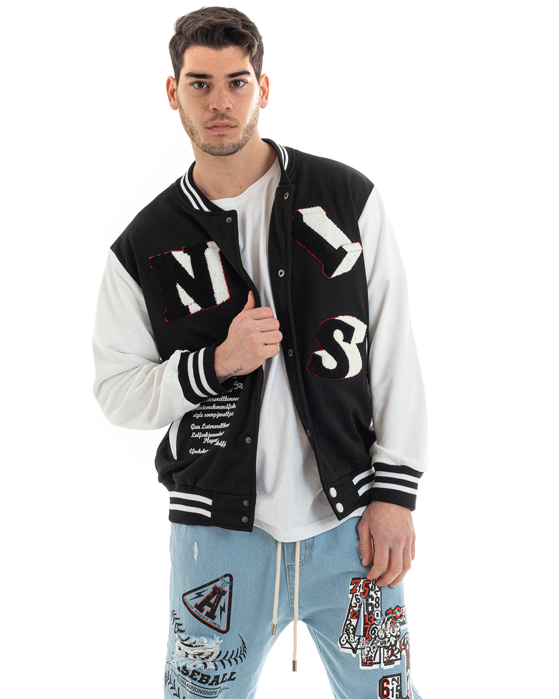 Felpa Uomo Giubbotto College Varsity Stampa Con Patch Giaccone Caldo Bicolore Casual Nero GIOSAL-F2973A