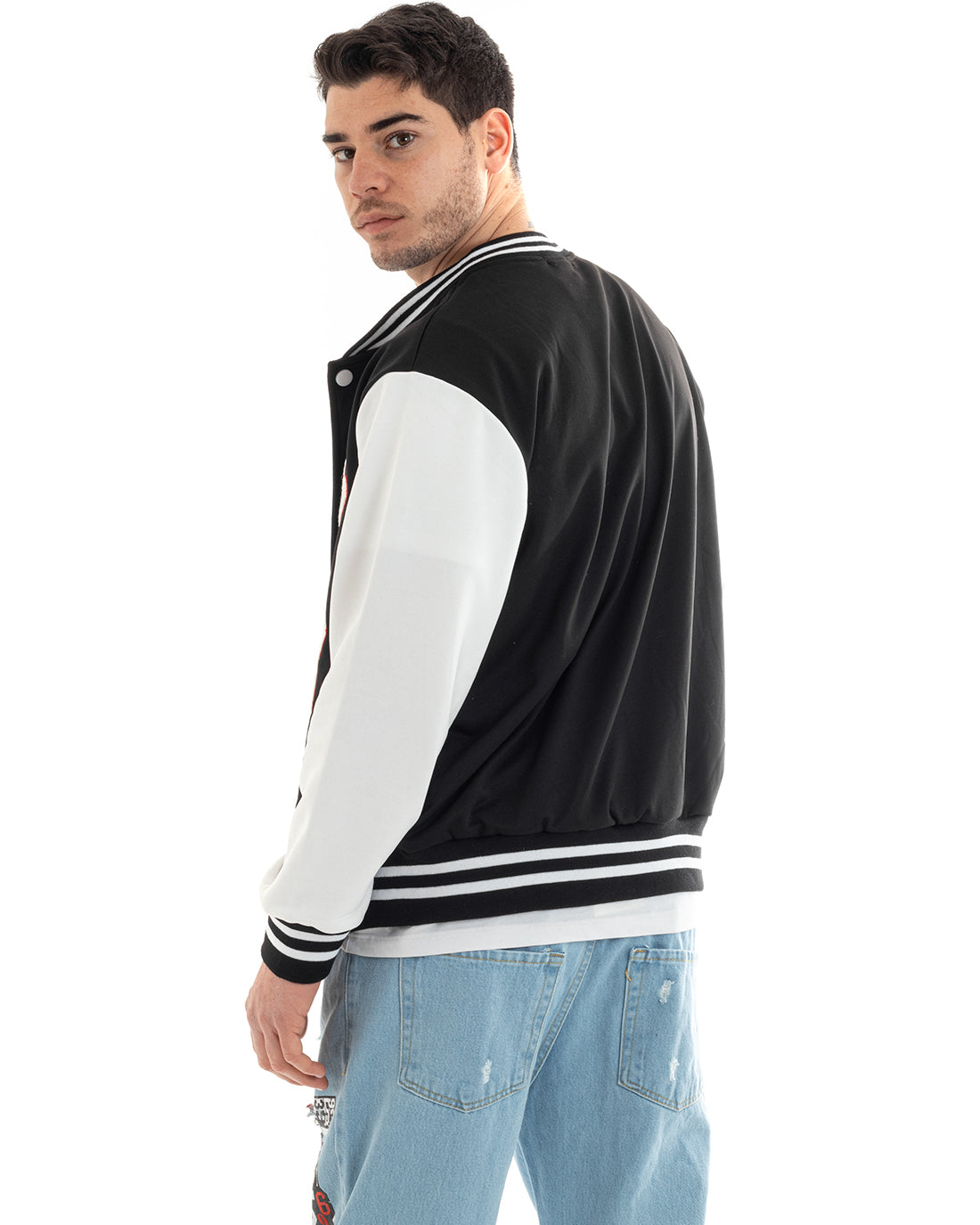 Felpa Uomo Giubbotto College Varsity Stampa Con Patch Giaccone Caldo Bicolore Casual Nero GIOSAL-F2973A