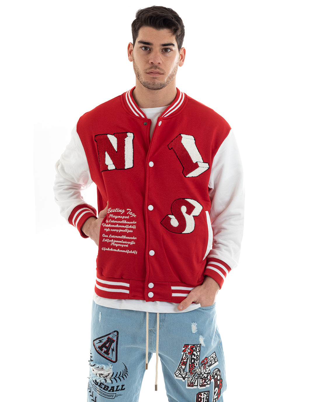 Felpa Uomo Giubbotto College Varsity Stampa Con Patch Giaccone Caldo Bicolore Casual Rosso GIOSAL-F2974A