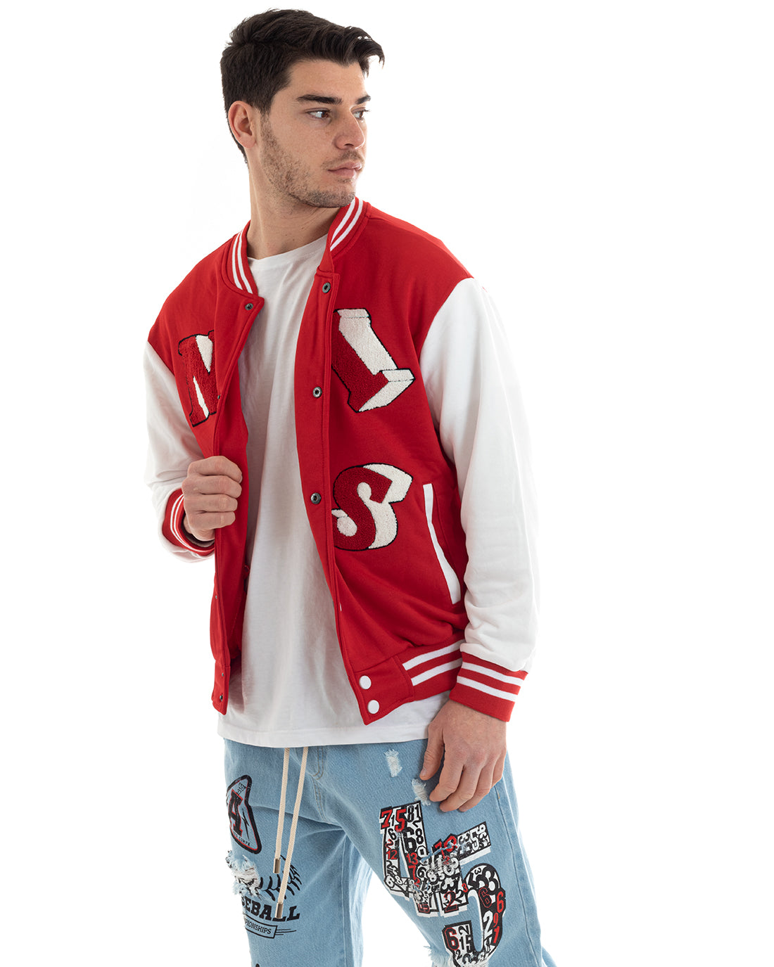 Felpa Uomo Giubbotto College Varsity Stampa Con Patch Giaccone Caldo Bicolore Casual Rosso GIOSAL-F2974A