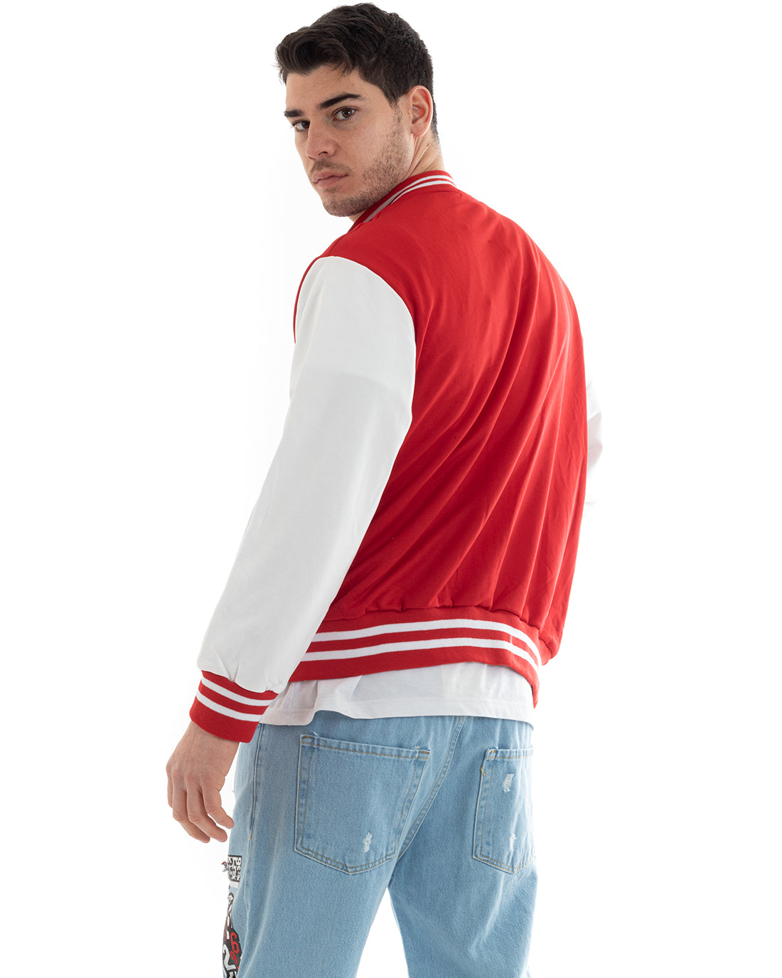 Felpa Uomo Giubbotto College Varsity Stampa Con Patch Giaccone Caldo Bicolore Casual Rosso GIOSAL-F2974A