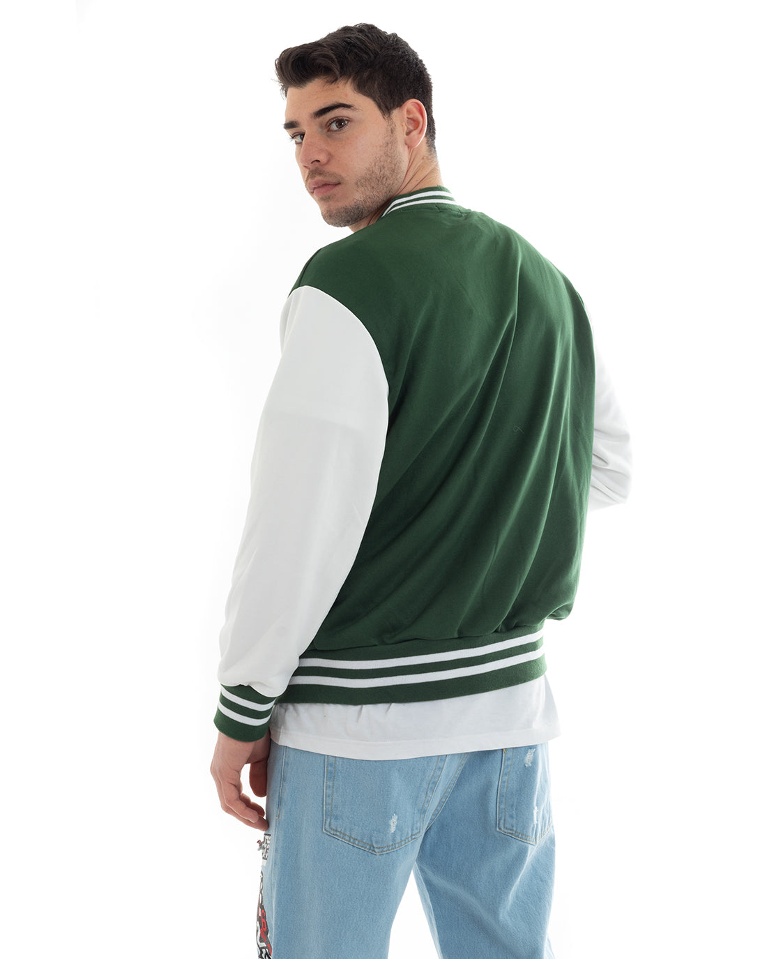 Felpa Uomo Giubbotto College Varsity Stampa Con Patch Giaccone Caldo Bicolore Casual Verde GIOSAL-F2975A