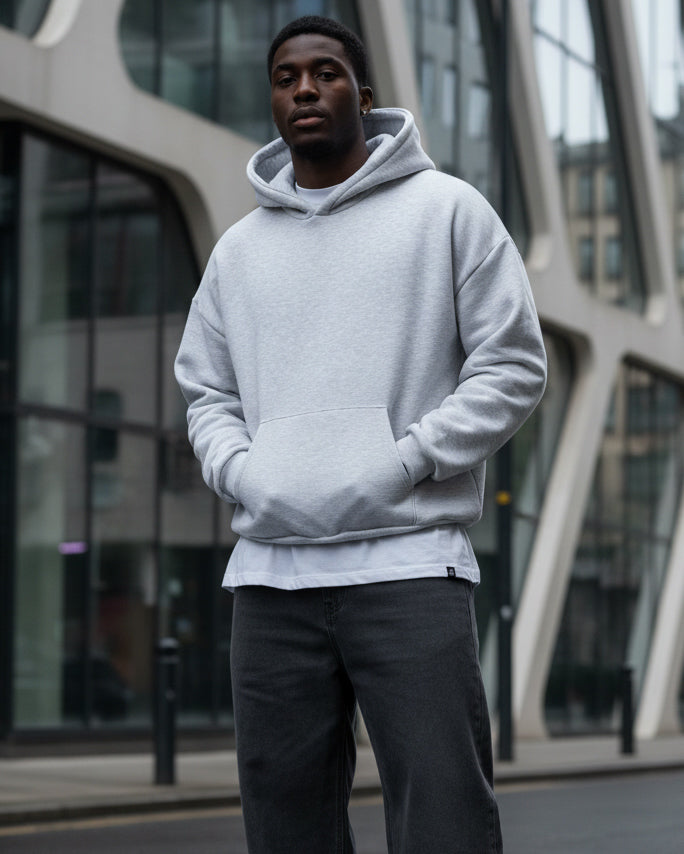 Felpa Con Cappuccio Uomo Boxy Fit Basic Felpata Comoda Grigio Chiaro F2991A