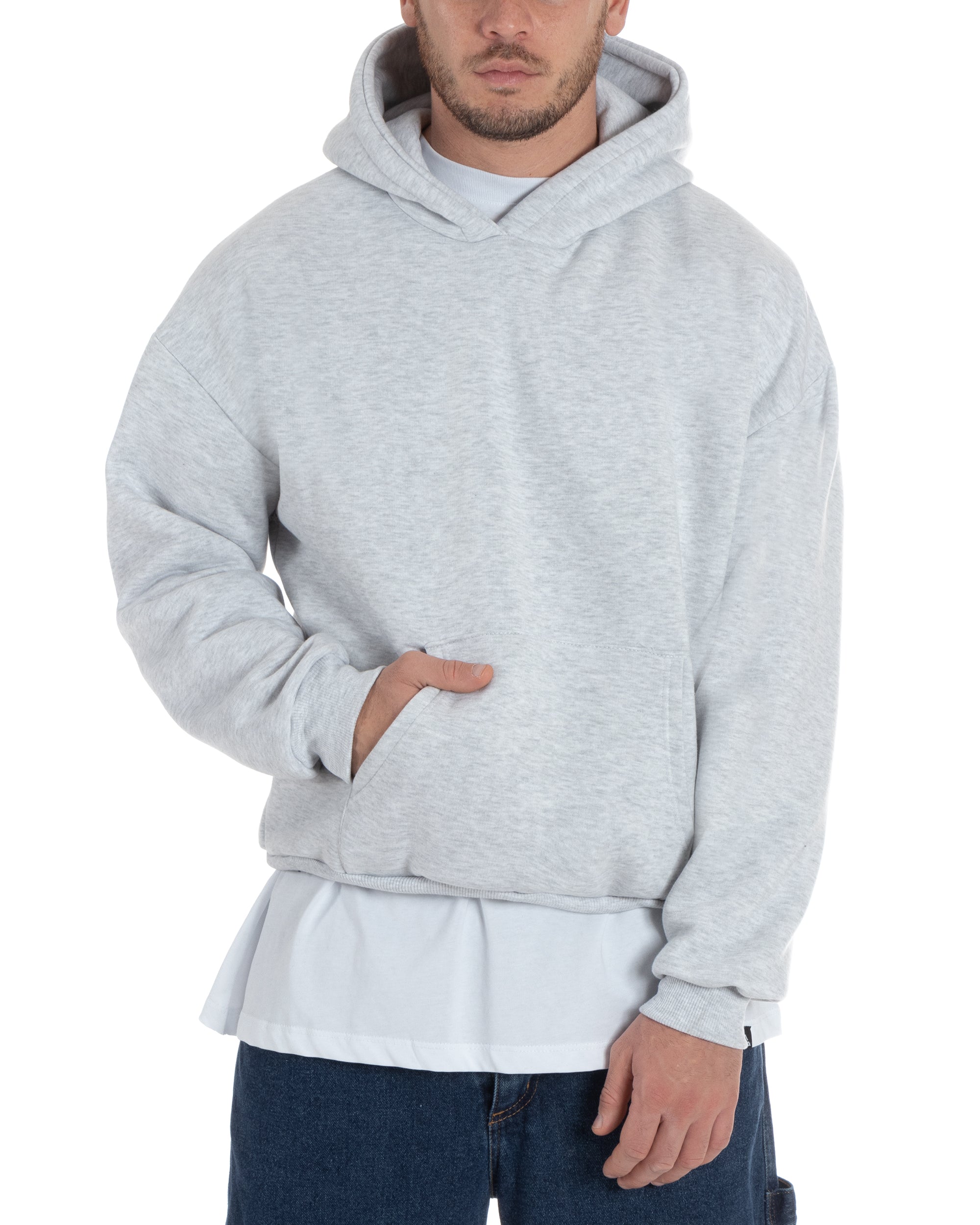Felpa Con Cappuccio Uomo Boxy Fit Basic Felpata Comoda Grigio Chiaro F2991A