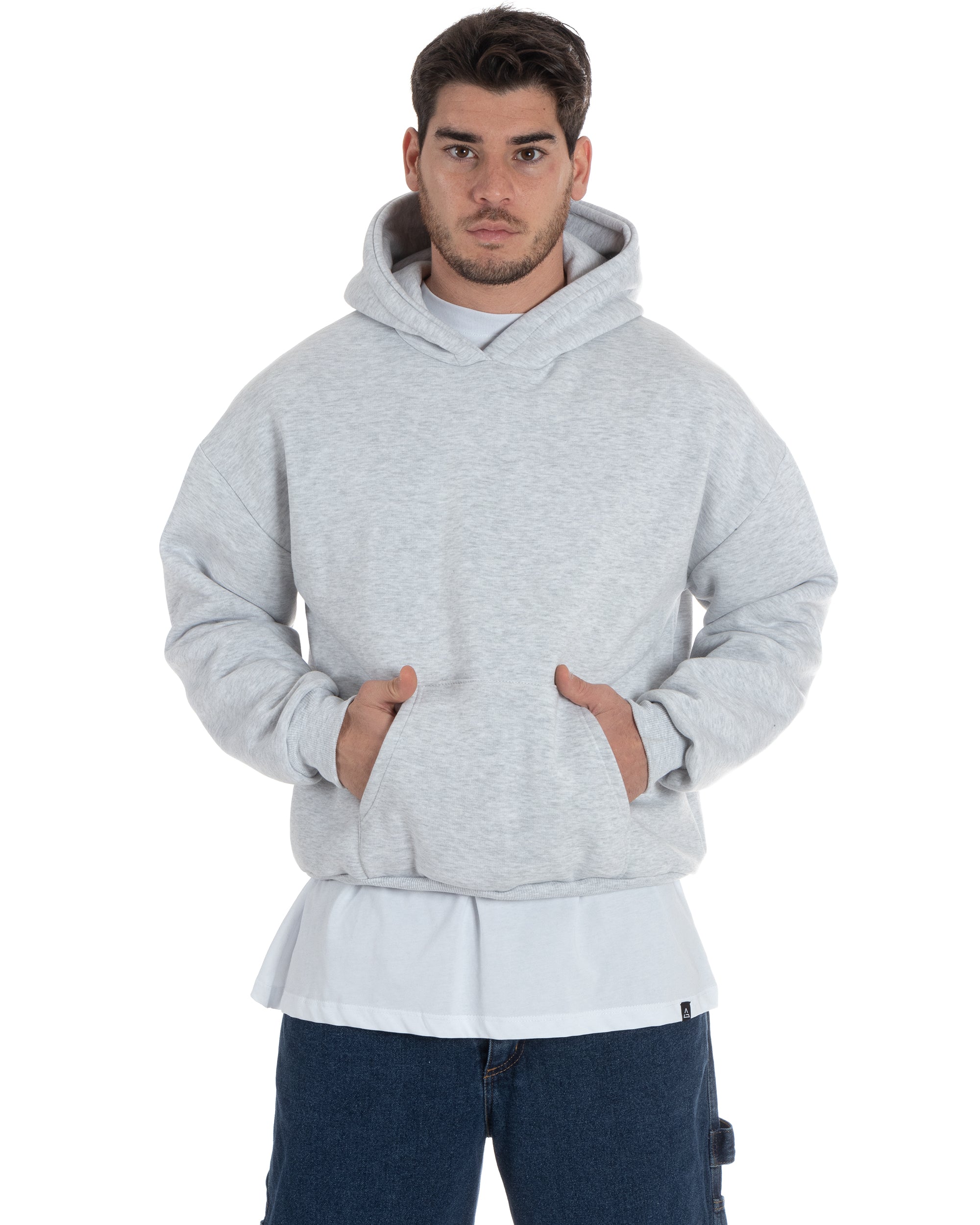 Felpa Con Cappuccio Uomo Boxy Fit Basic Felpata Comoda Tinta Unita Grigio Chiaro GIOSAL-F2991A