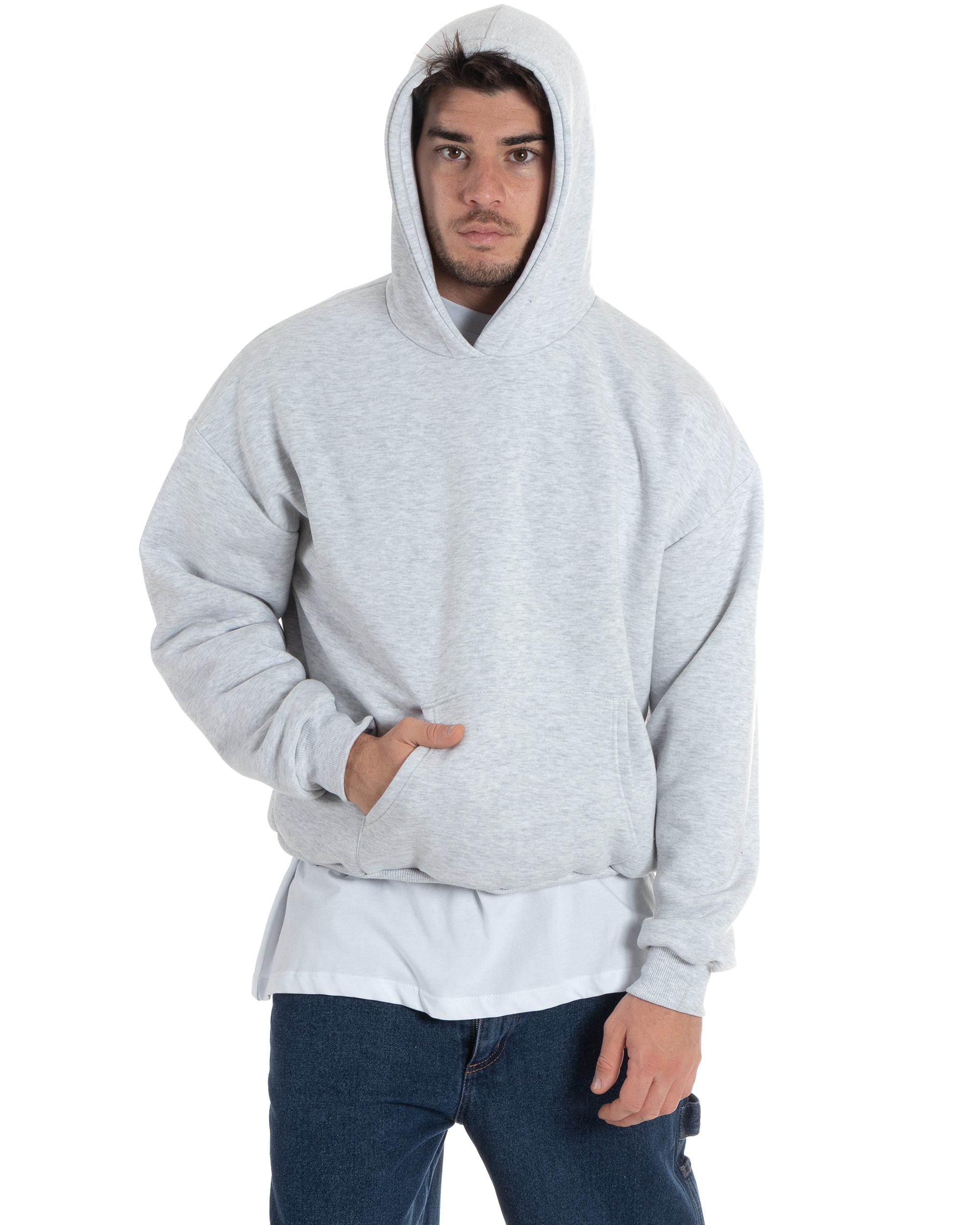 Felpa Con Cappuccio Uomo Boxy Fit Basic Felpata Comoda Grigio Chiaro F2991A